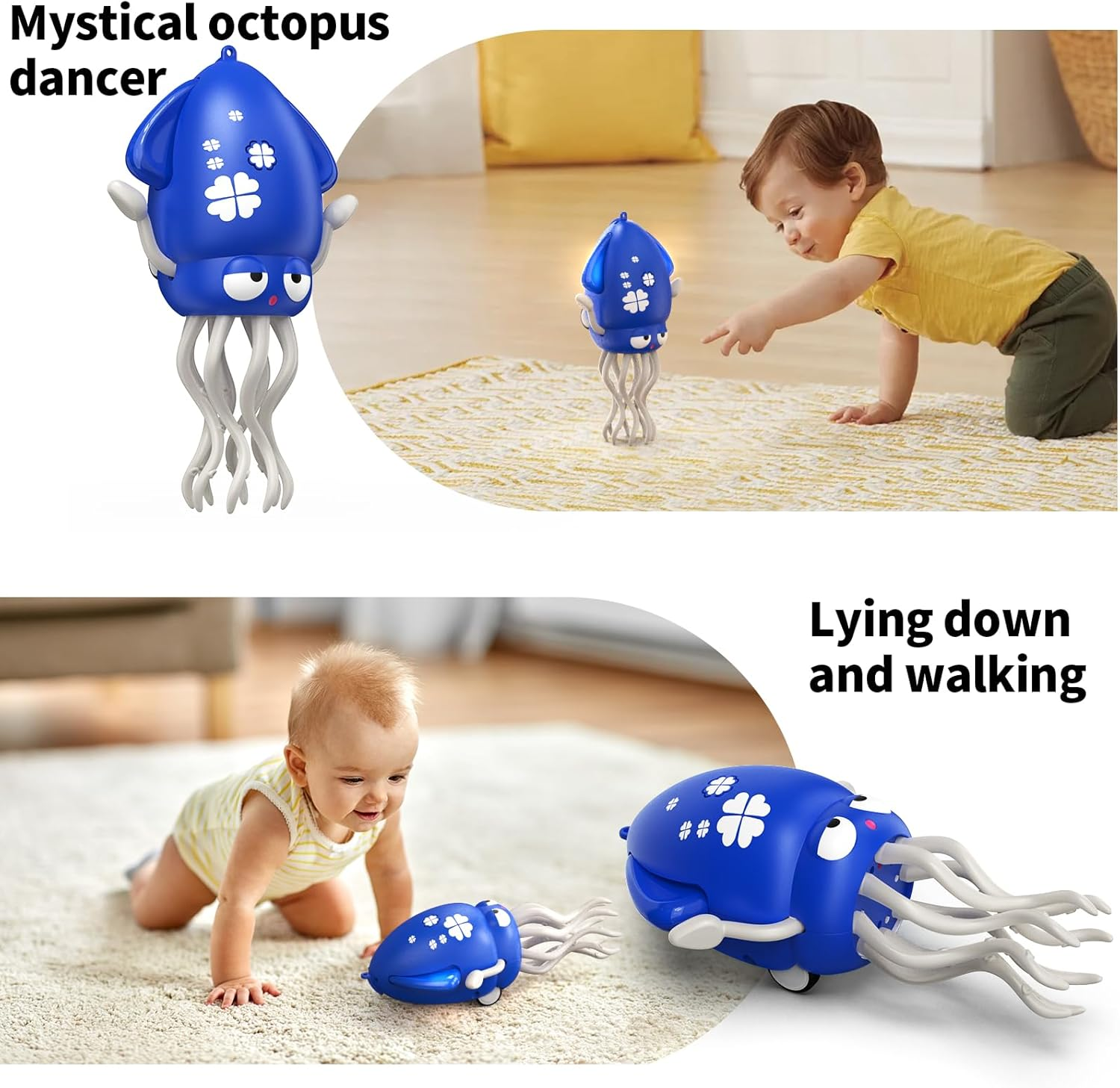 Ein blauer Tintenfischspielzeug tanzt, ein Baby krabbelt daneben.
