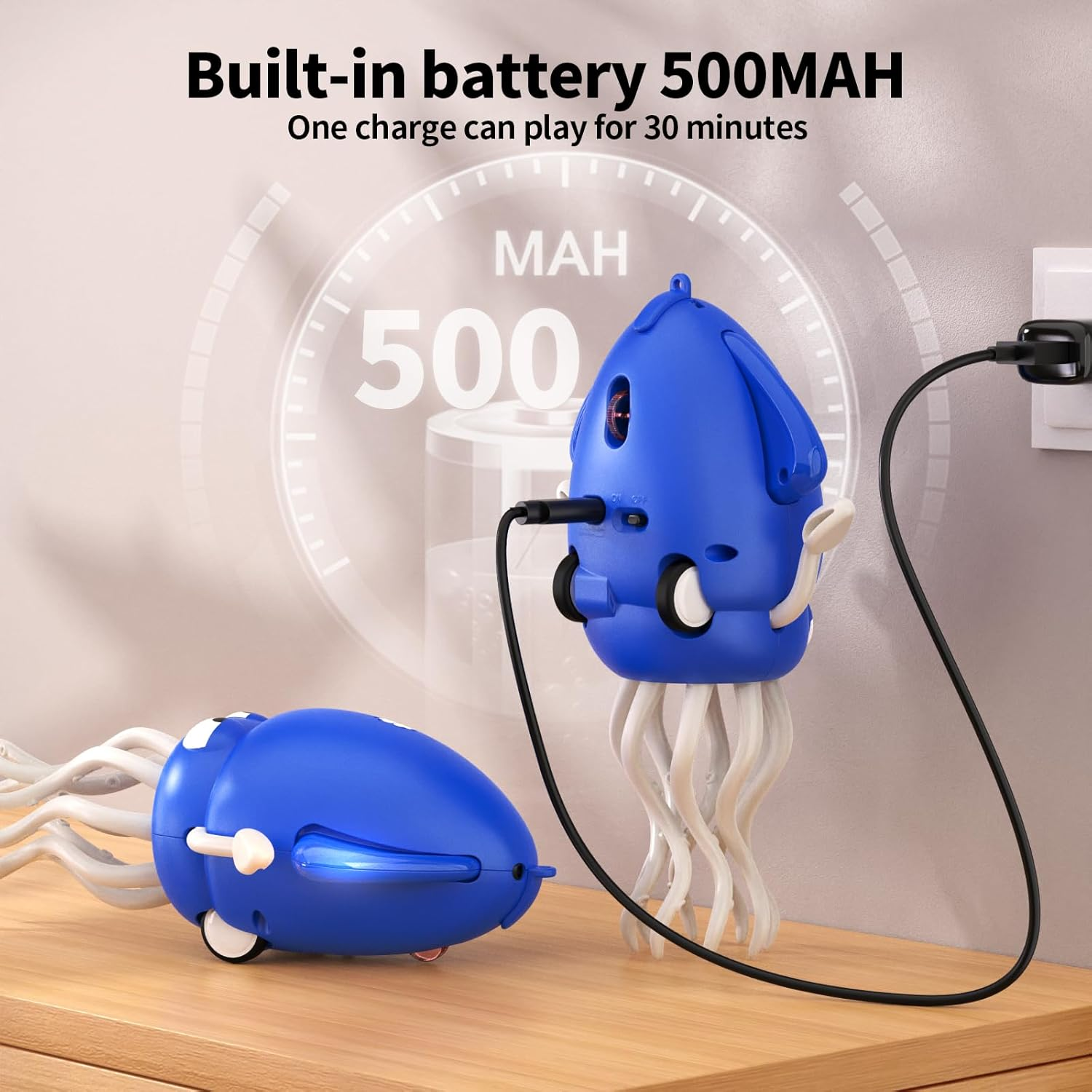 Blaues Spielzeug-Quallen-Spielzeug wird aufgeladen. 500MAH Batterie.