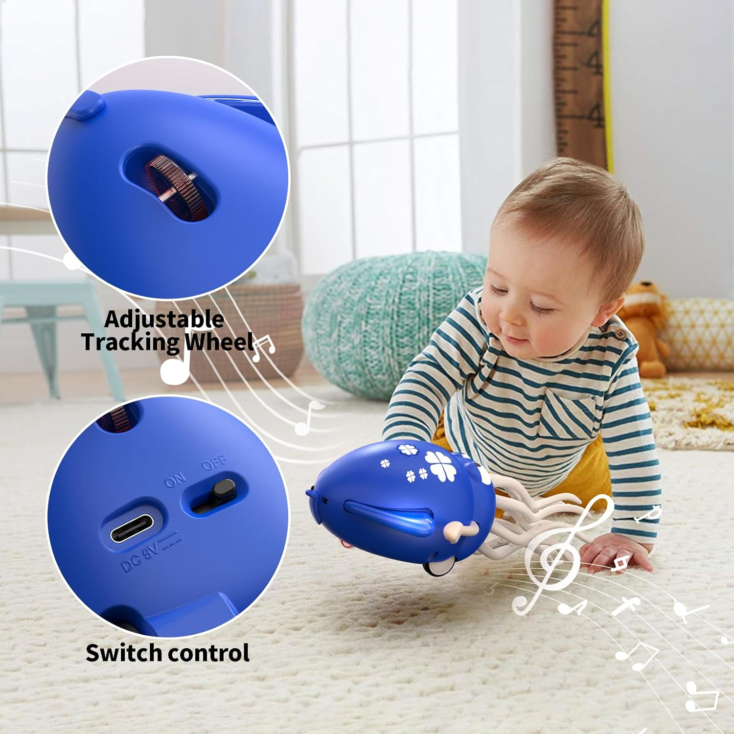 Ein Baby krabbelt auf einem Teppich neben einem blauen Spielzeug mit Tentakeln.