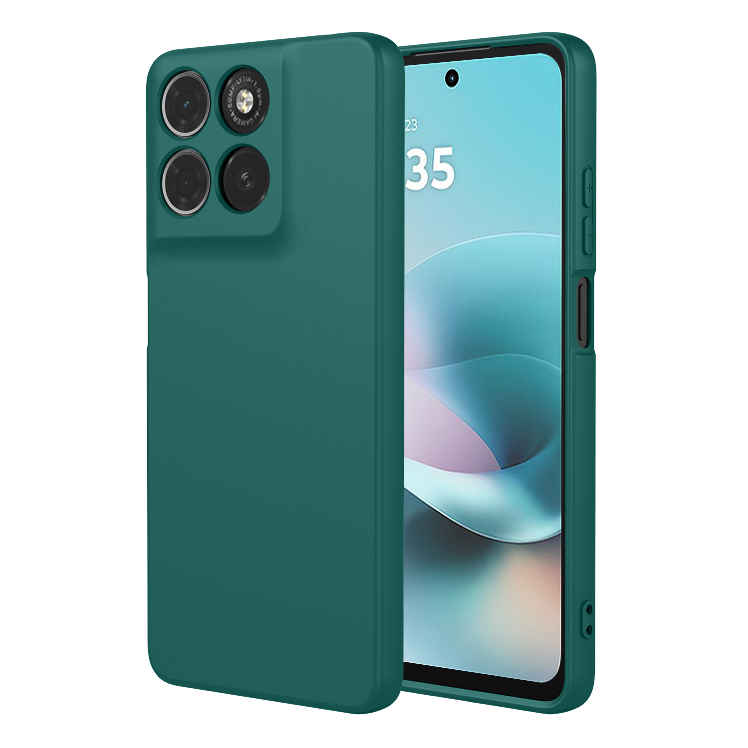 Een groene telefoonhoes met drie cameralenzen en een zichtbaar scherm.