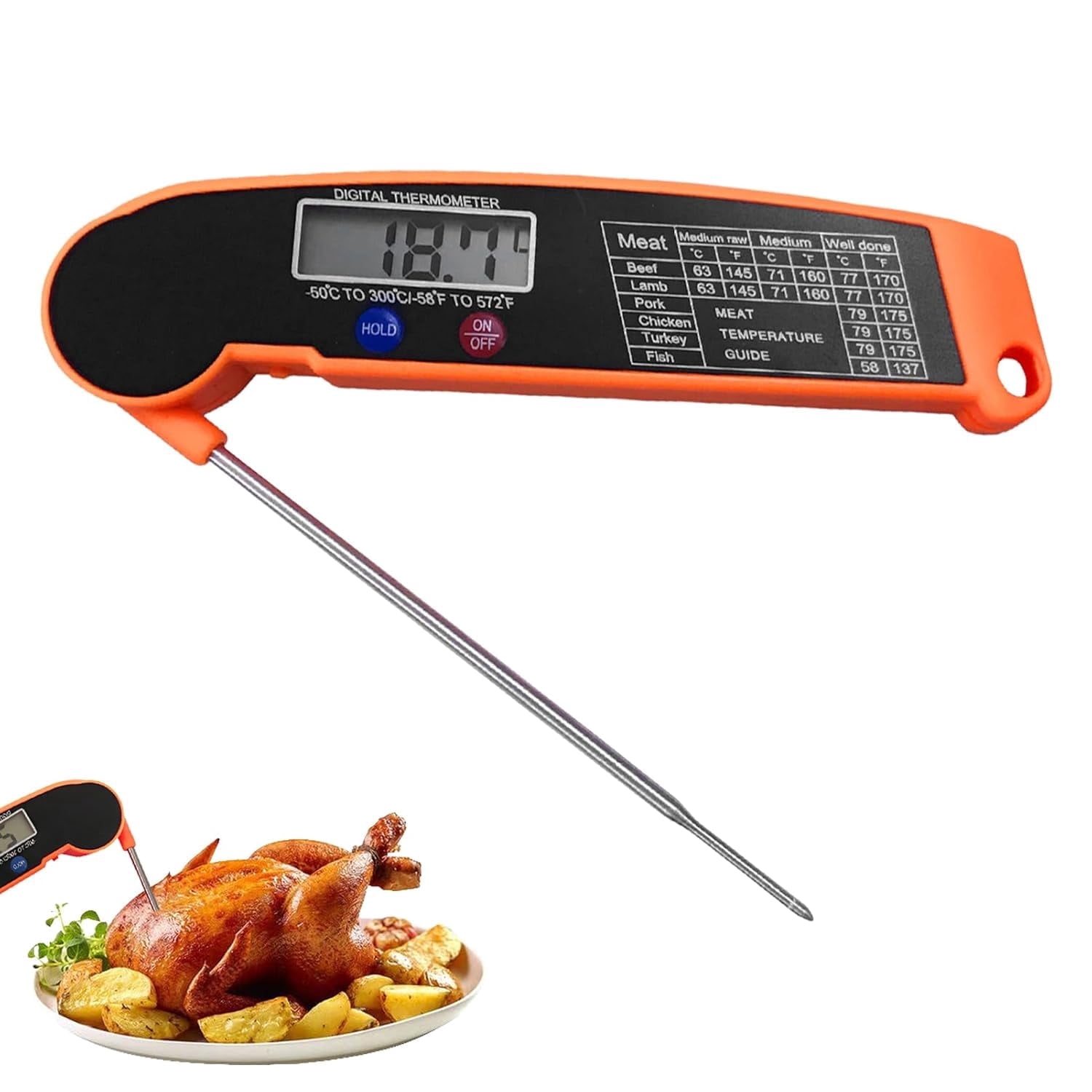 Digitales Thermometer mit Metallsonde und Fleisch-Temperaturtabelle.