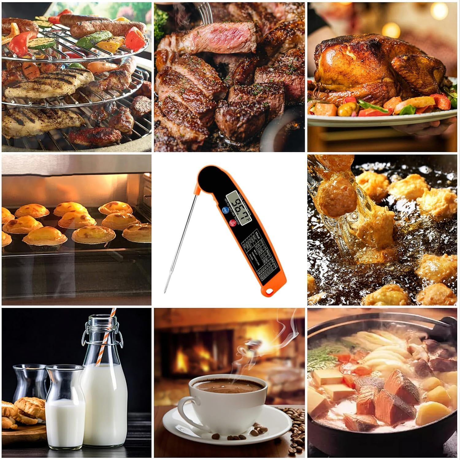 Collage mit verschiedenen Lebensmitteln: Grillgut, Braten, Gebäck, Fleischthermometer, Frittiertes, Milch und Kaffee.