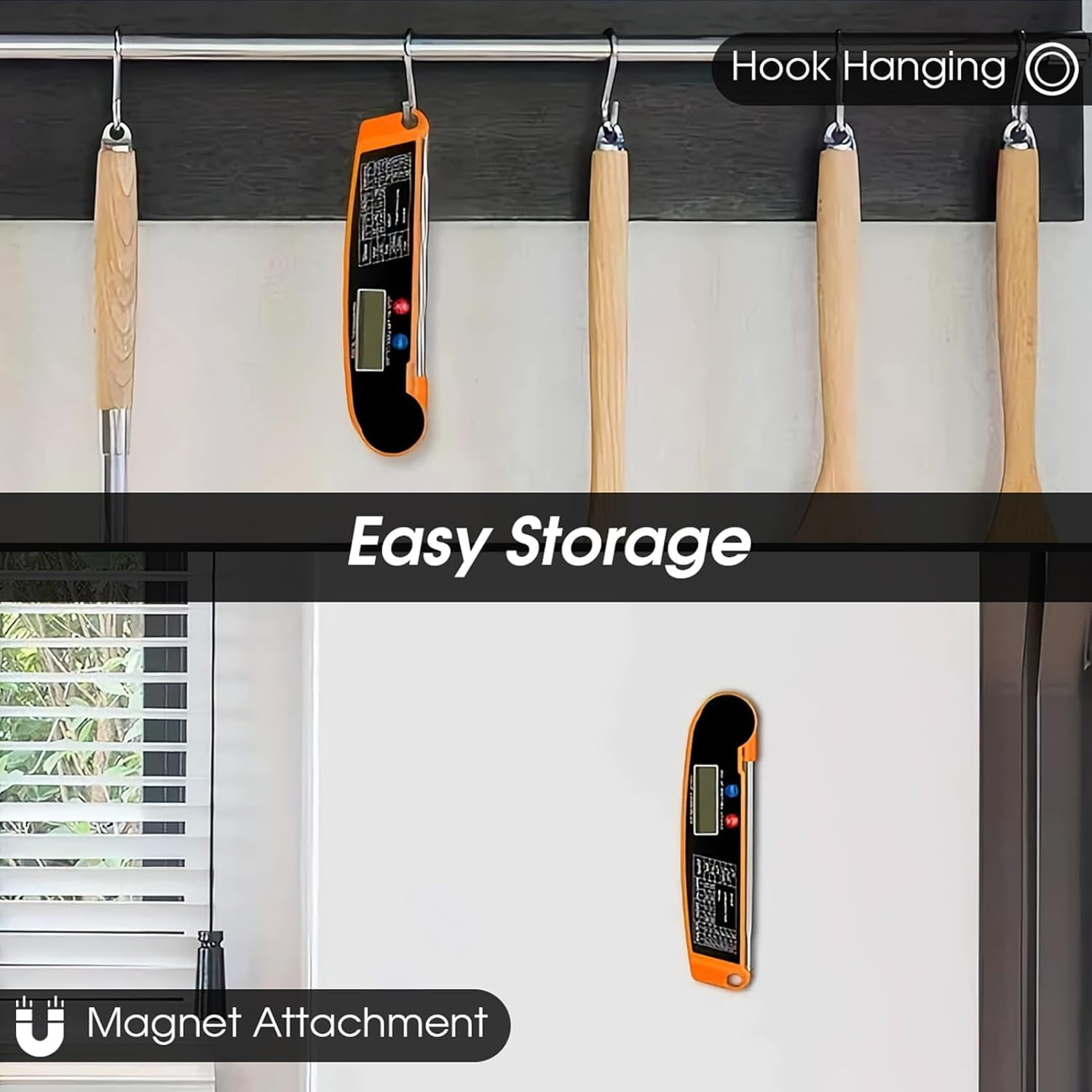 Ein orangefarbener Thermometer hängt an einem Haken und haftet an einem Kühlschrank.