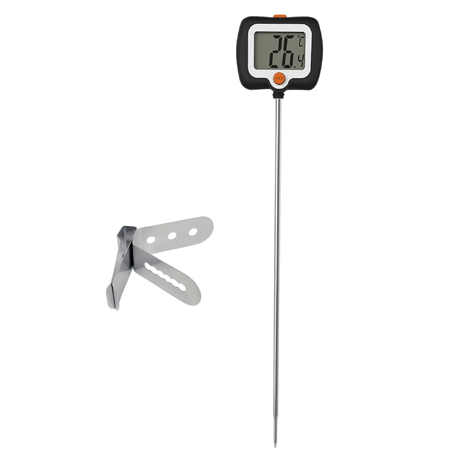 Ein digitaler Thermometer mit silbernem Stab und schwarzem Gehäuse, daneben eine Metallklemme.