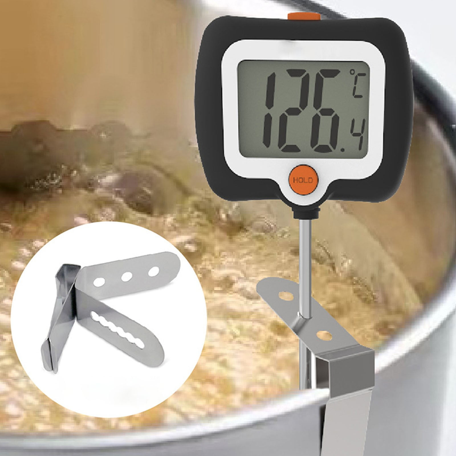 Digitales Thermometer mit Clip, das die Temperatur von 126,4 Grad Celsius anzeigt.