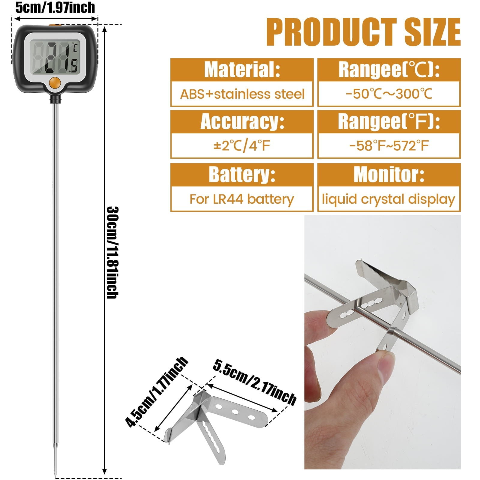 Digitale Sonde mit LCD-Display, Edelstahlmaterial, detaillierte Größentabelle.