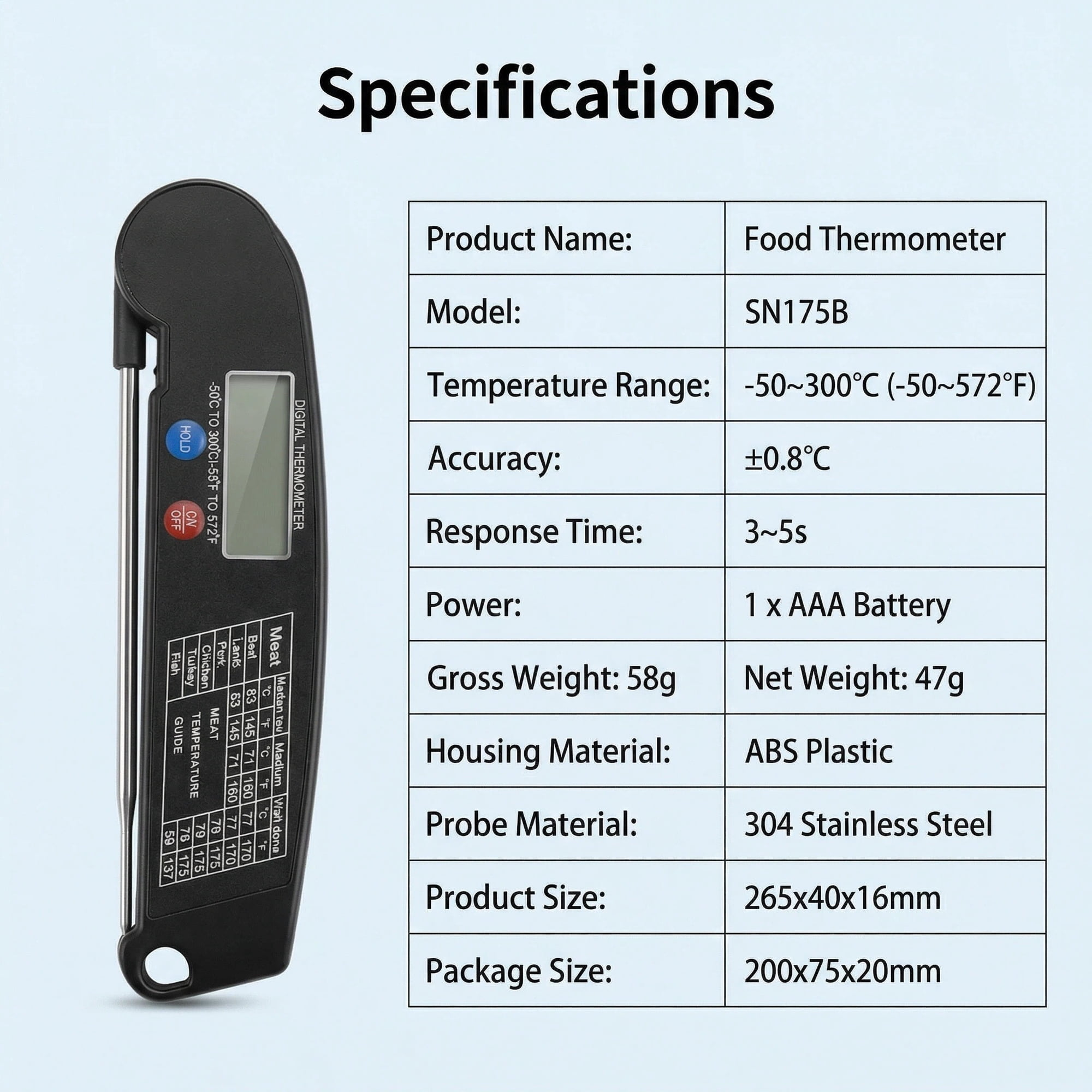 Ein schwarzes digitales Fleischthermometer mit Metatabelle auf dem Griff.
