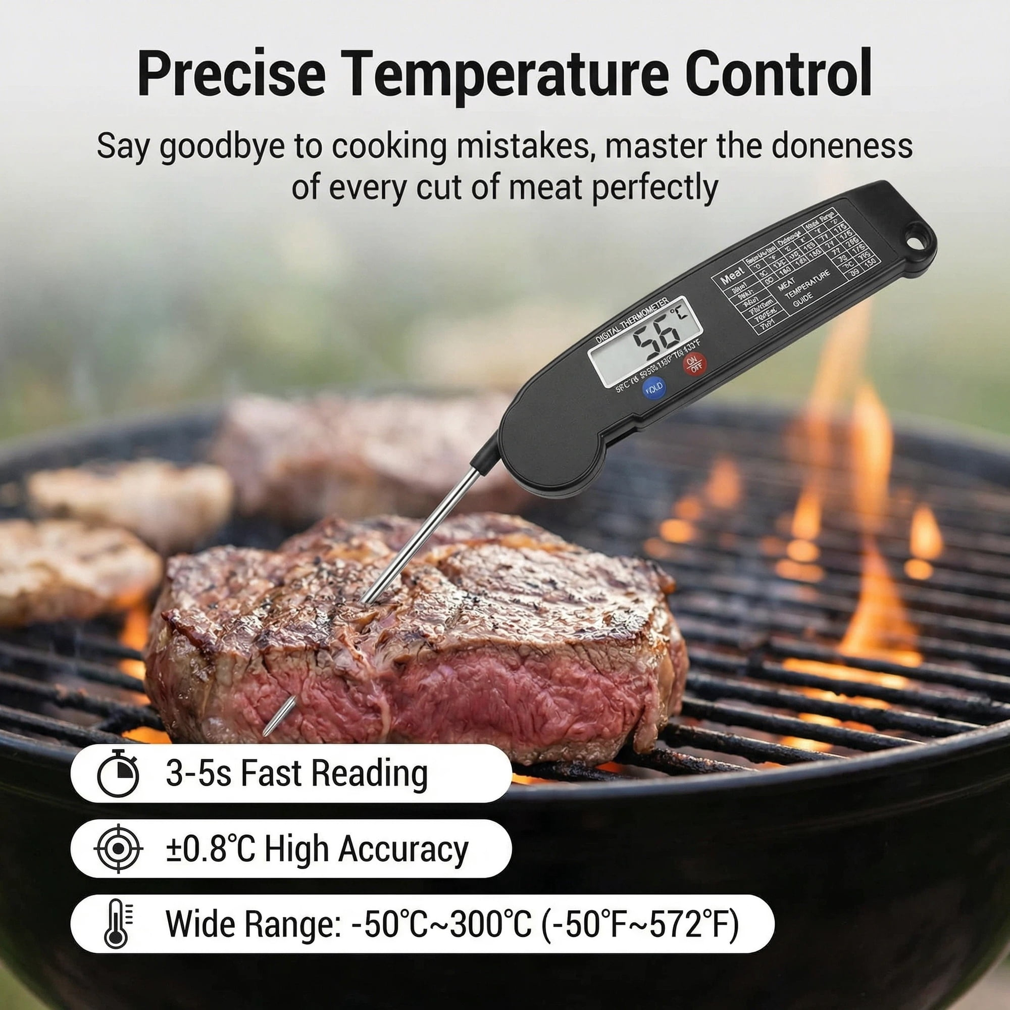 Ein digitales Fleischthermometer misst die Temperatur eines Steaks auf einem Grill mit Flammen.