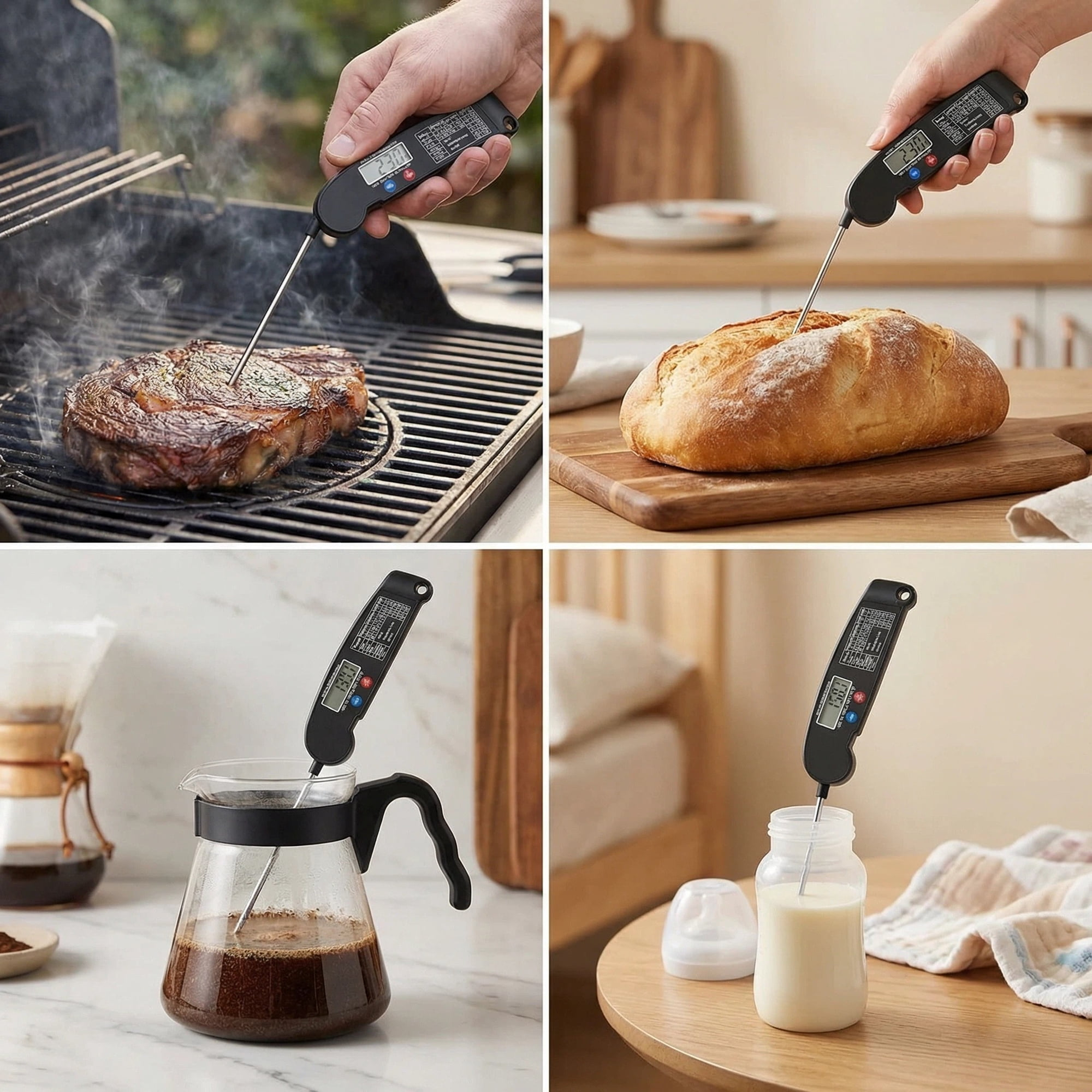 Fleisch thermometer in Steak, Brot, Kaffee und Milch.