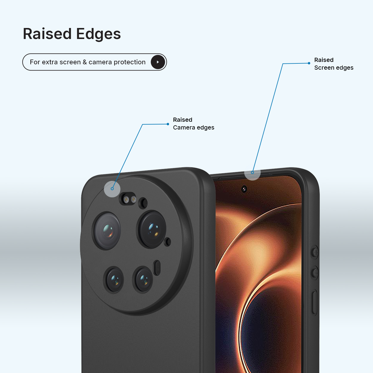 Coque de téléphone noire avec bords surélevés pour protéger caméra et écran.