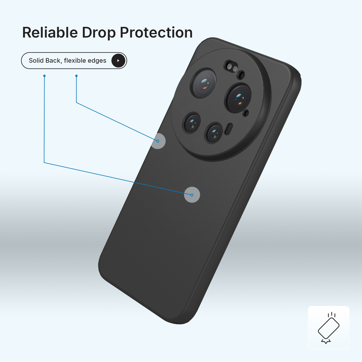 Coque de téléphone noire avec quatre objectifs photo et texte.