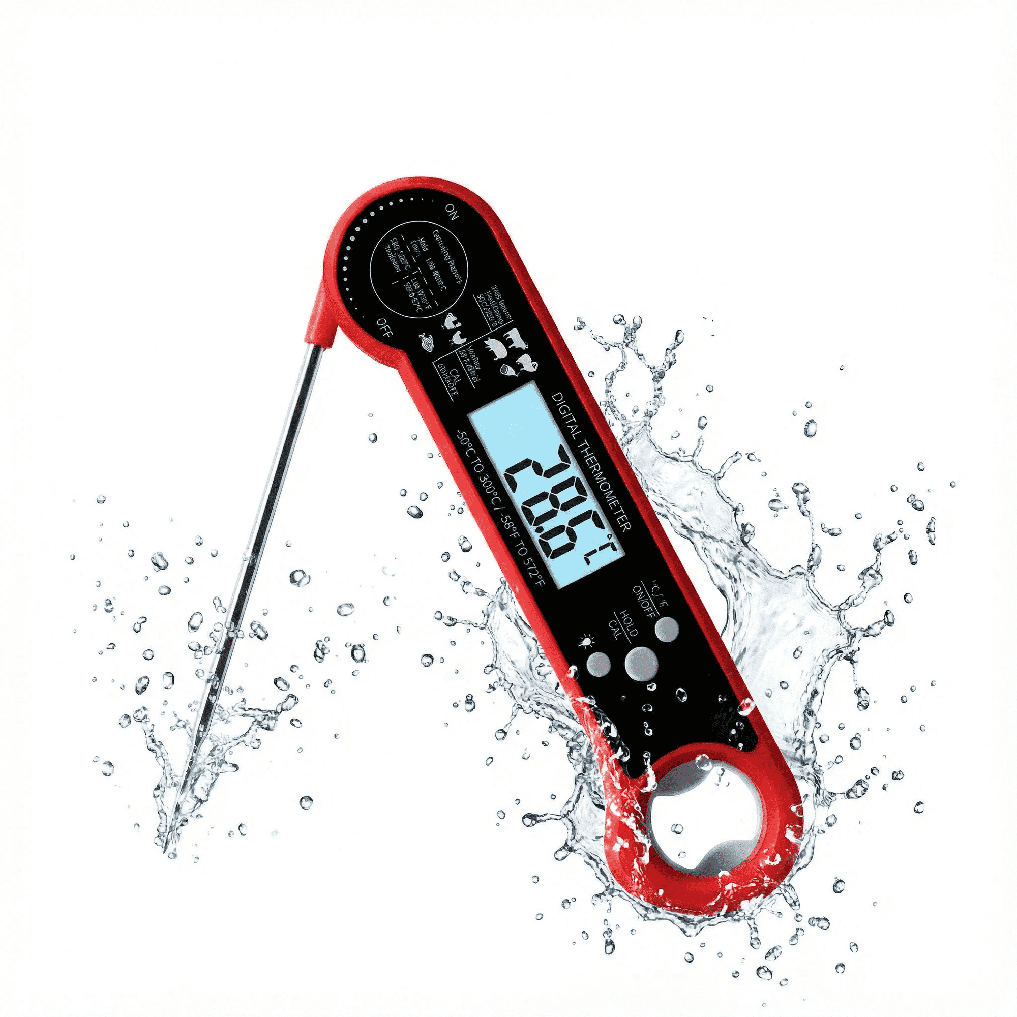 Ein rotes Digitalthermometer mit Metallsonde taucht in Wasser.