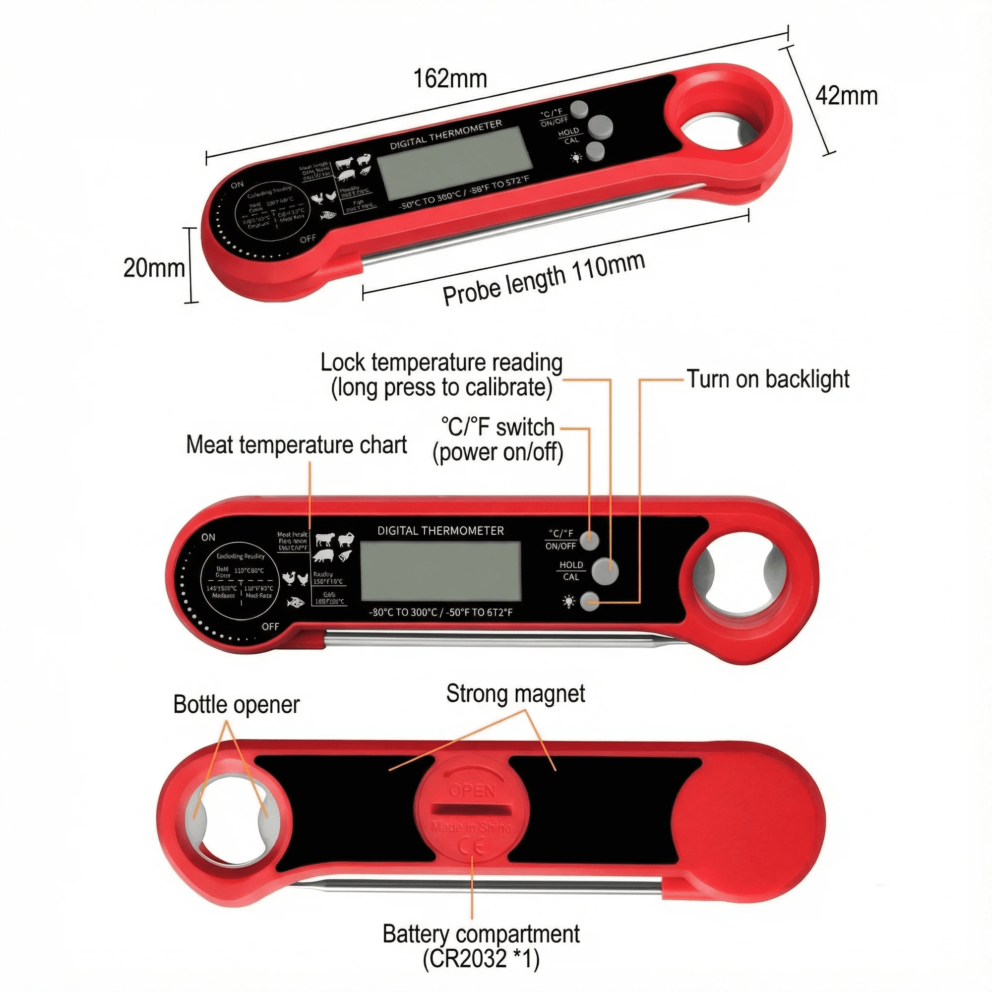 Ein rotes Digitalthermometer mit LCD, Flaschenöffner und Magnet.