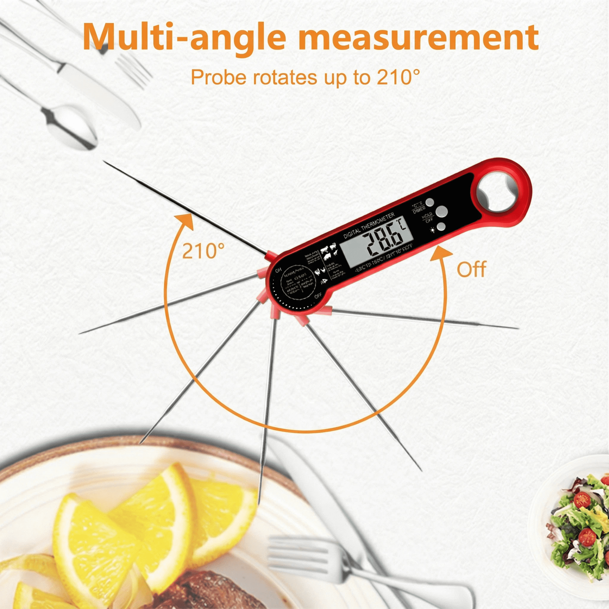 Ein rotes Digitalthermometer mit ausklappbarem Dorn misst 28,6°C.