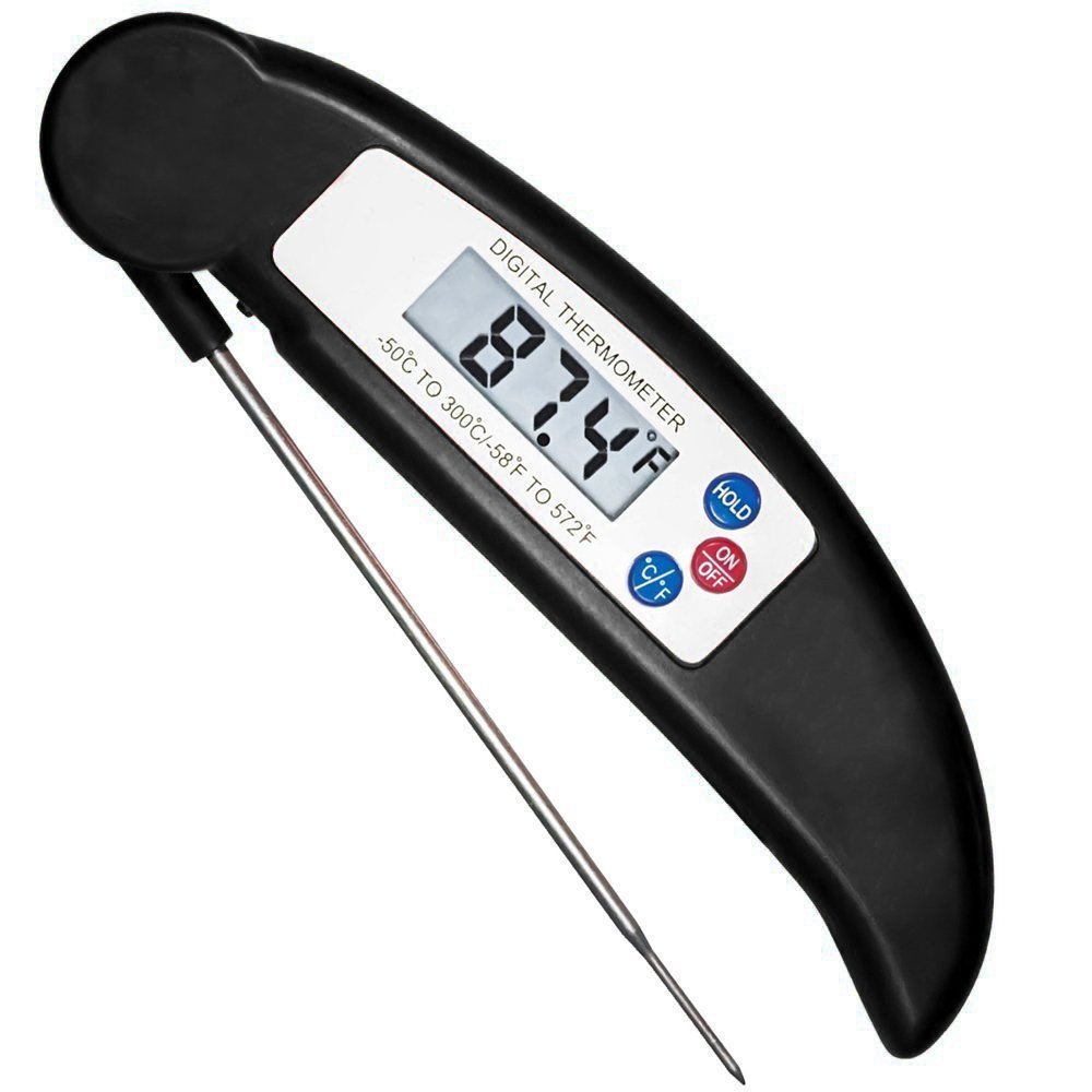 Ein schwarzes digitales Thermometer mit einer Metallsonde und einem LCD-Display.
