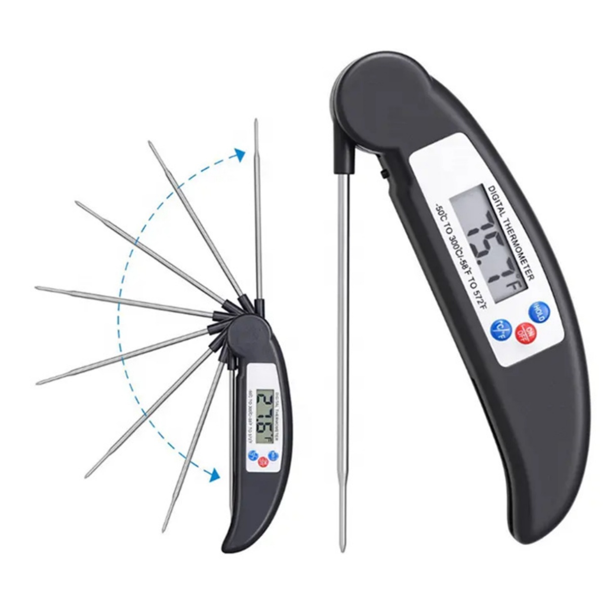 Ein digitaler Thermometer mit ausklappbarem Metallfühler.