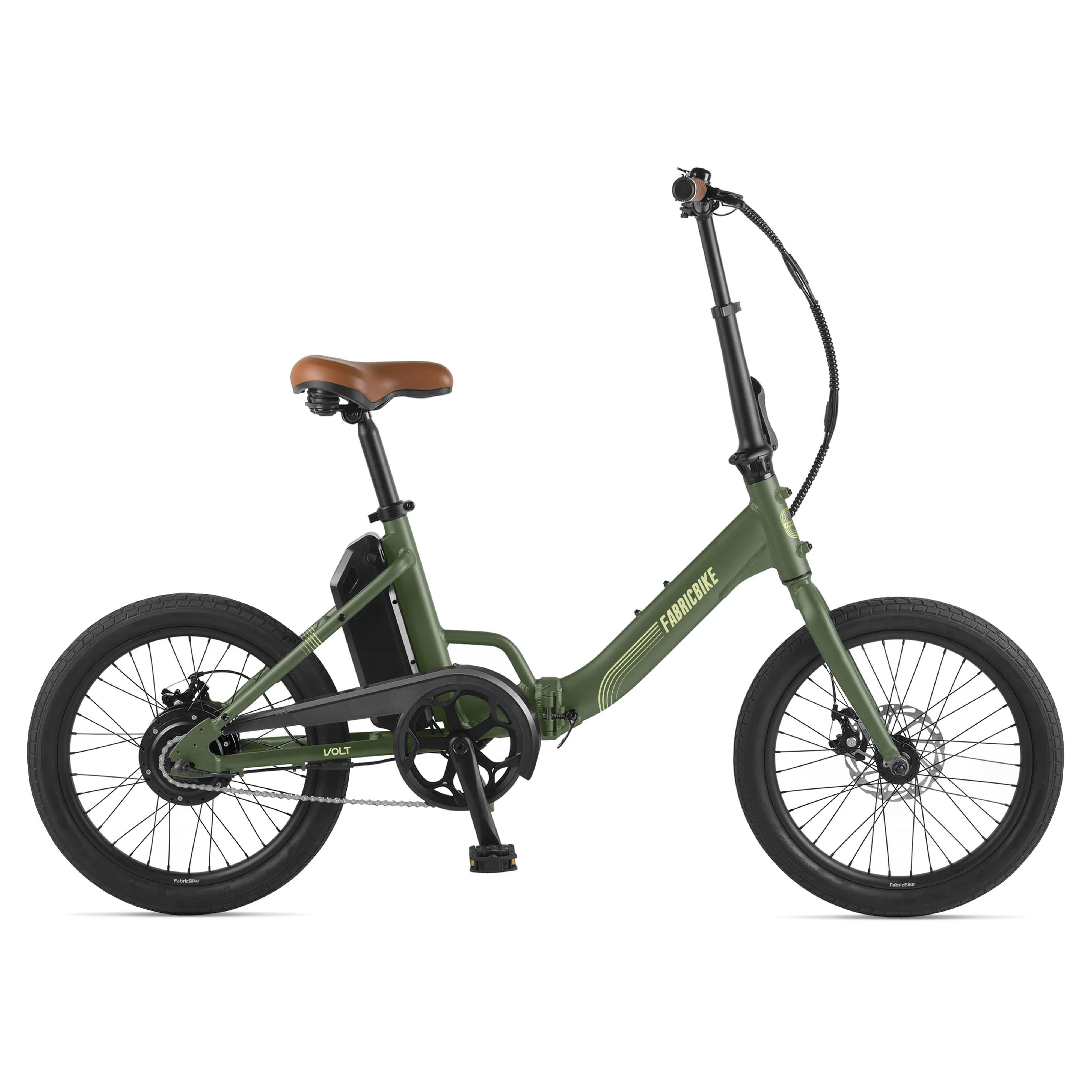 Una bicicleta eléctrica plegable en verde oliva con sillín marrón y ruedas negras.