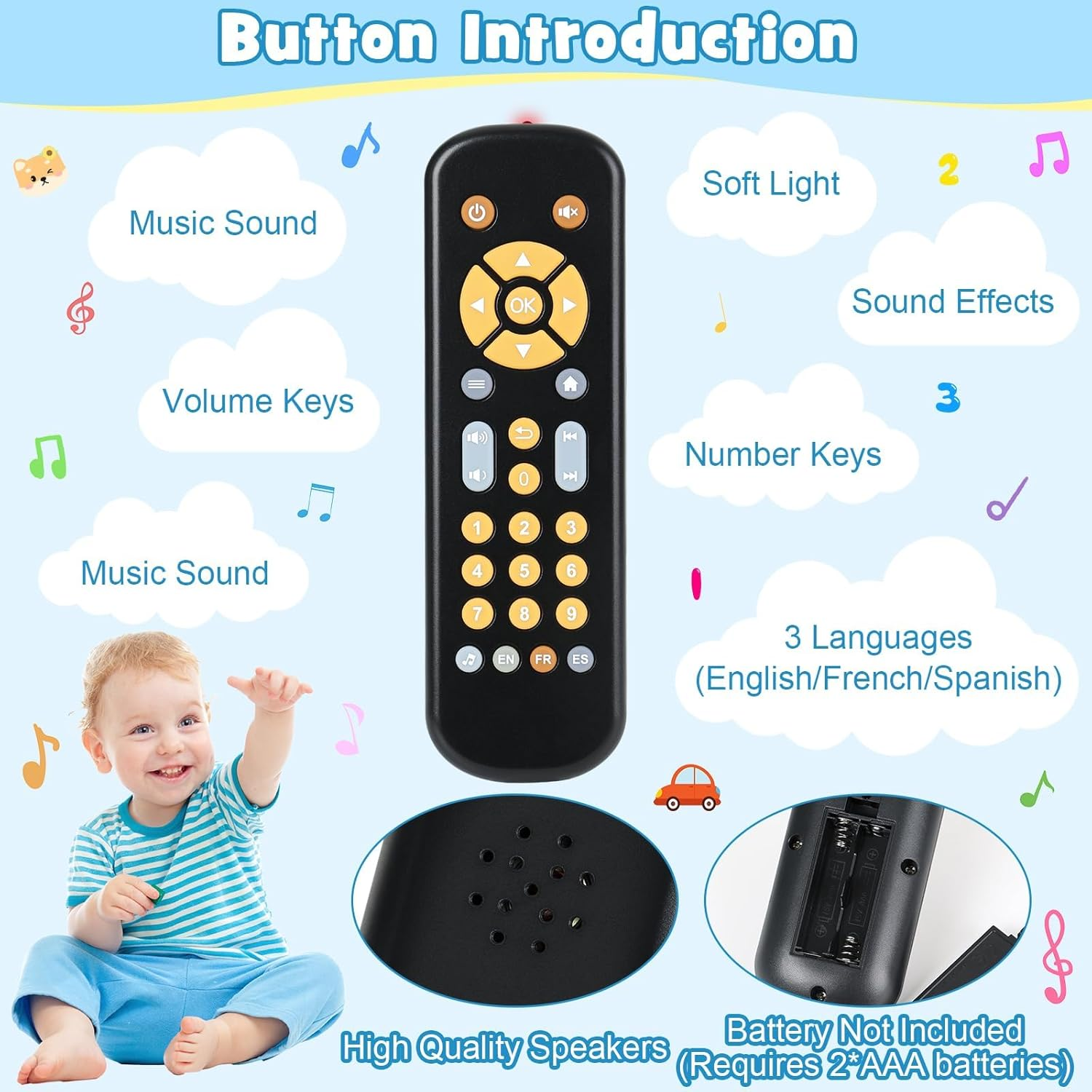 Ein Baby spielt mit einer Fernbedienung, die Musik, Lautstärketasten und mehr hat.