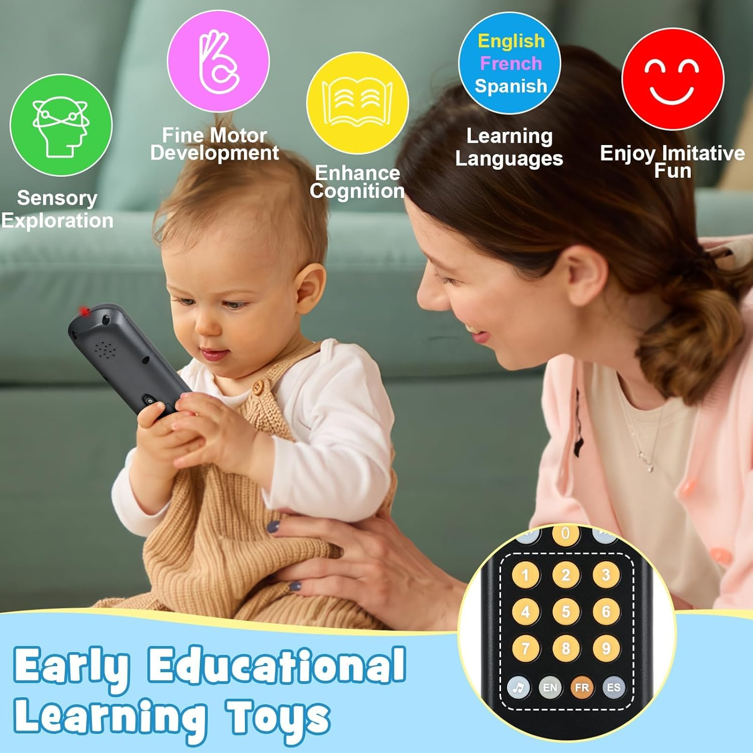 Baby mit Spielzeug-Fernbedienung und Mutter im Fokus. Icons für Lernen.