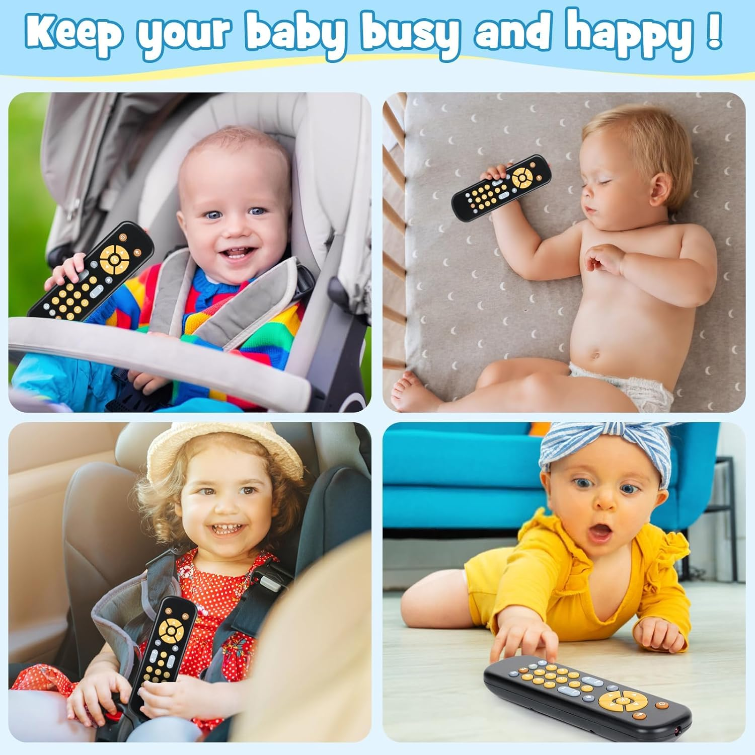 Vier Babys mit Fernbedienungen: eins im Kinderwagen, eins im Bett, eins im Autositz, eins auf dem Boden.