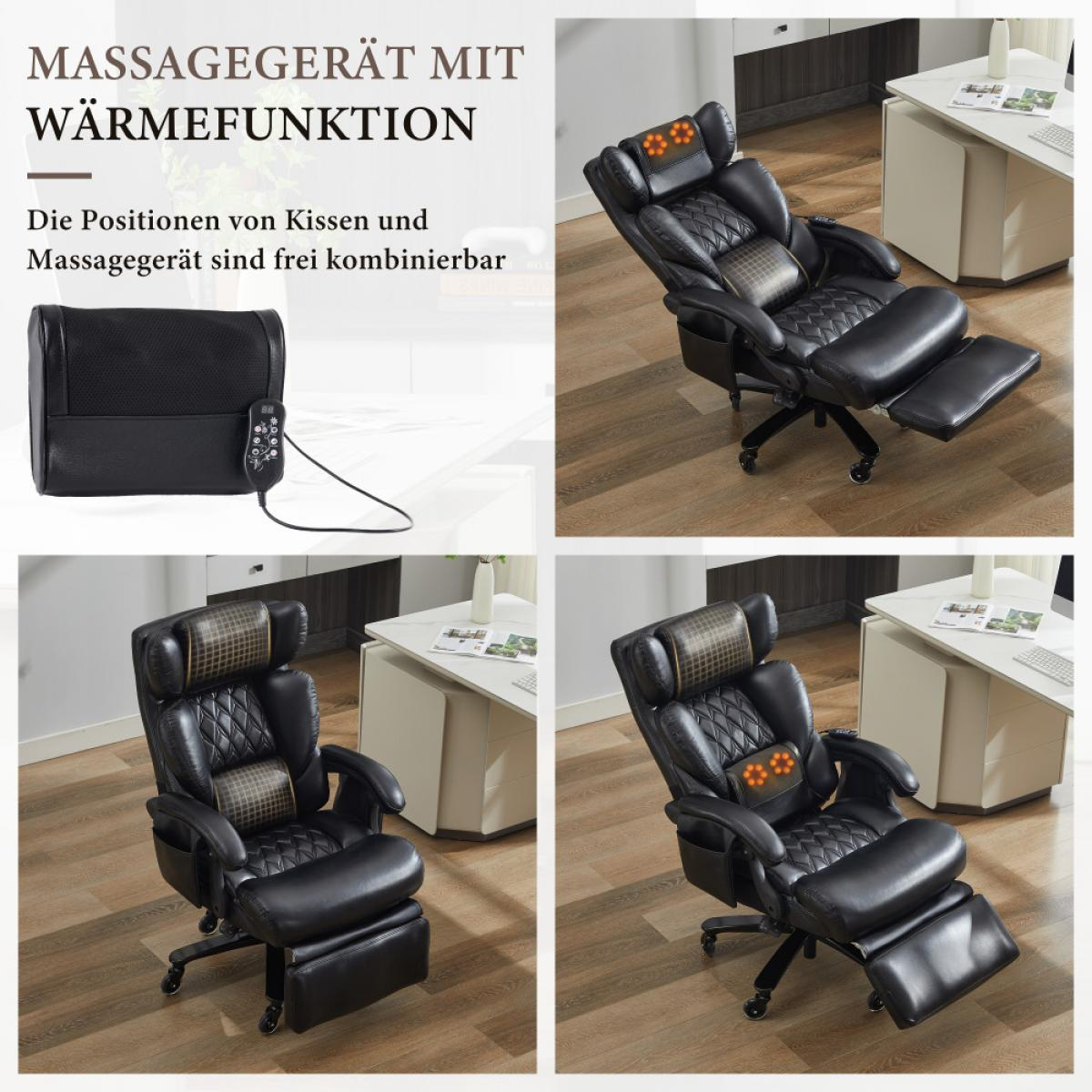 Schwarzer Massagesessel mit Fußstütze, Nacken- und Lendenkissen.