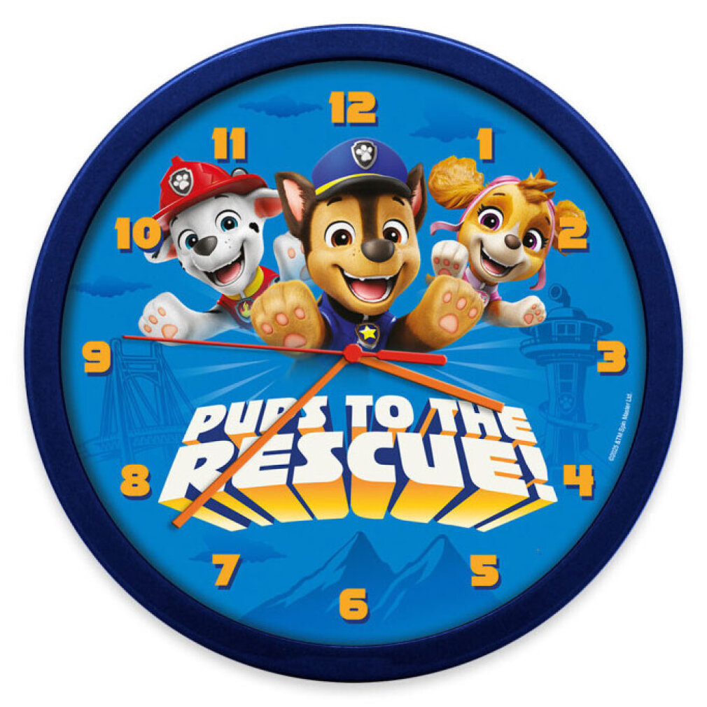Eine blaue Paw Patrol-Uhr mit Chase, Marshall und Skye, die "Pups to the Rescue" anzeigt.