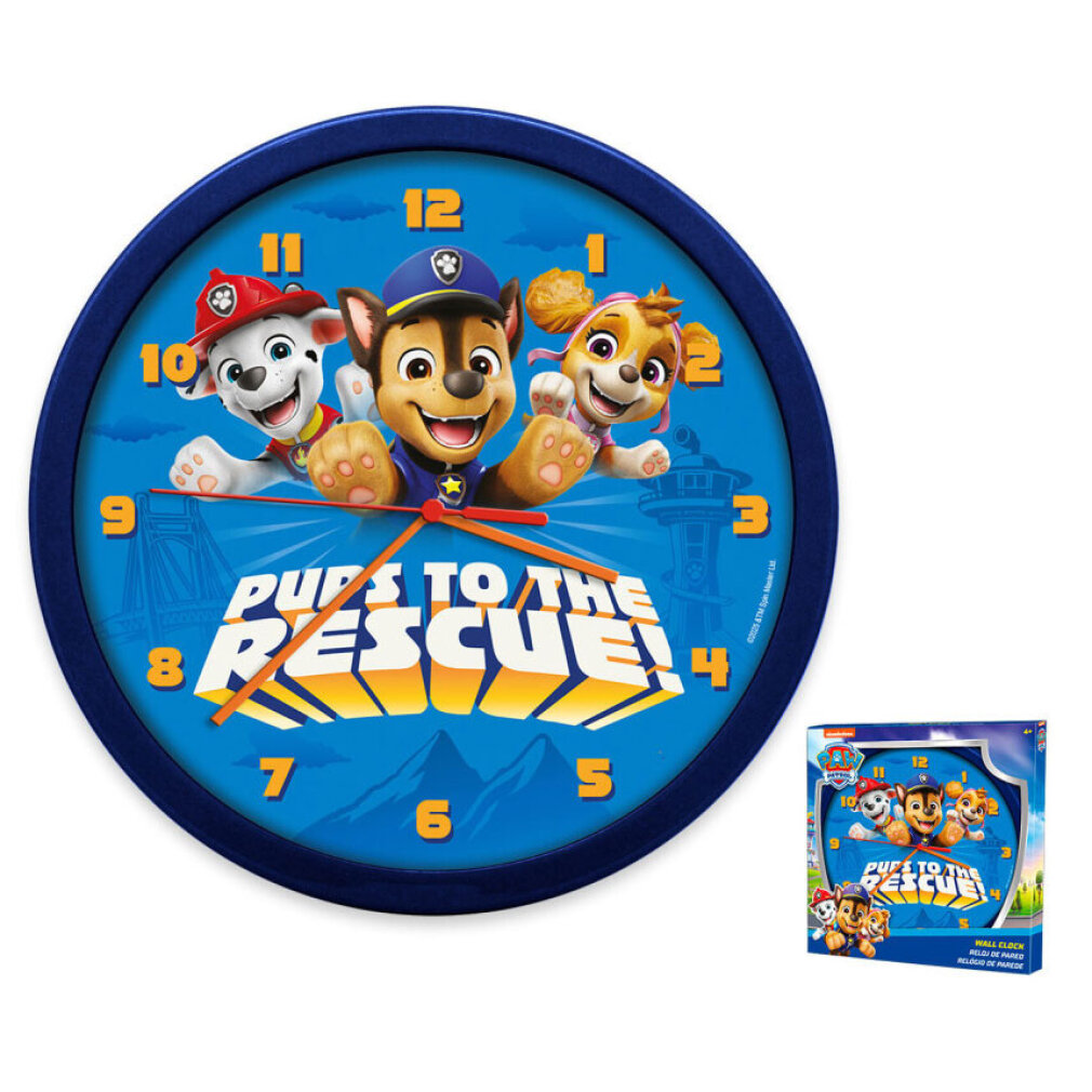 Eine Wanduhr mit Paw Patrol-Motiv, zeigt Chase, Marshall und Skye.