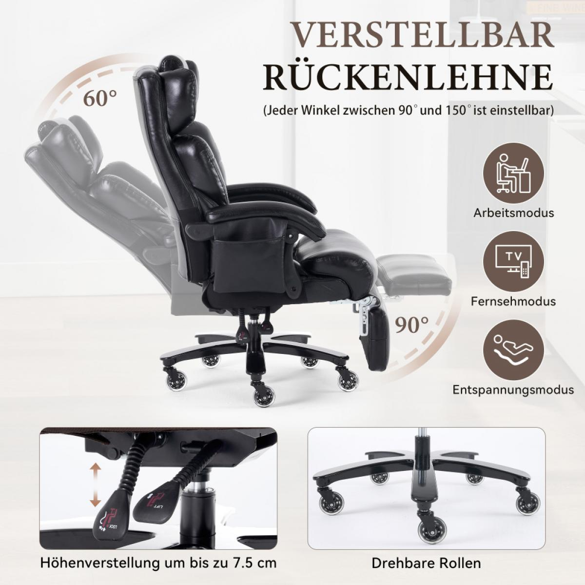 Schwarzer Bürostuhl mit verstellbarer Rückenlehne, Fußstütze und Rollen.