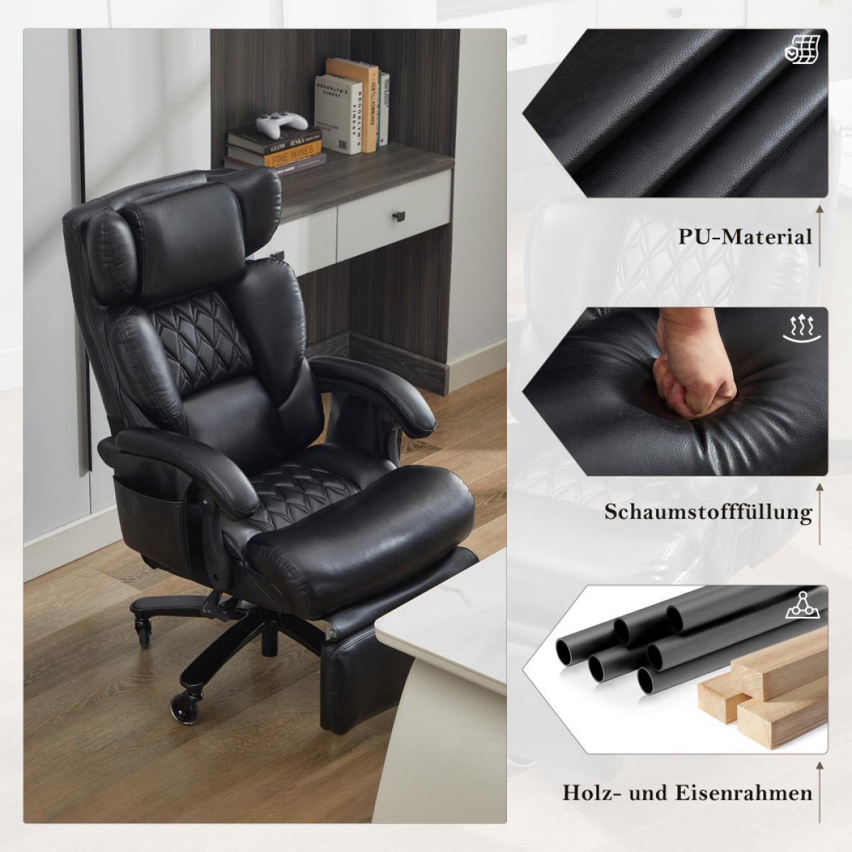 Schwarzer Bürostuhl mit ausziehbarem Fußteil, PU-Material und Schaumstoffpolsterung.