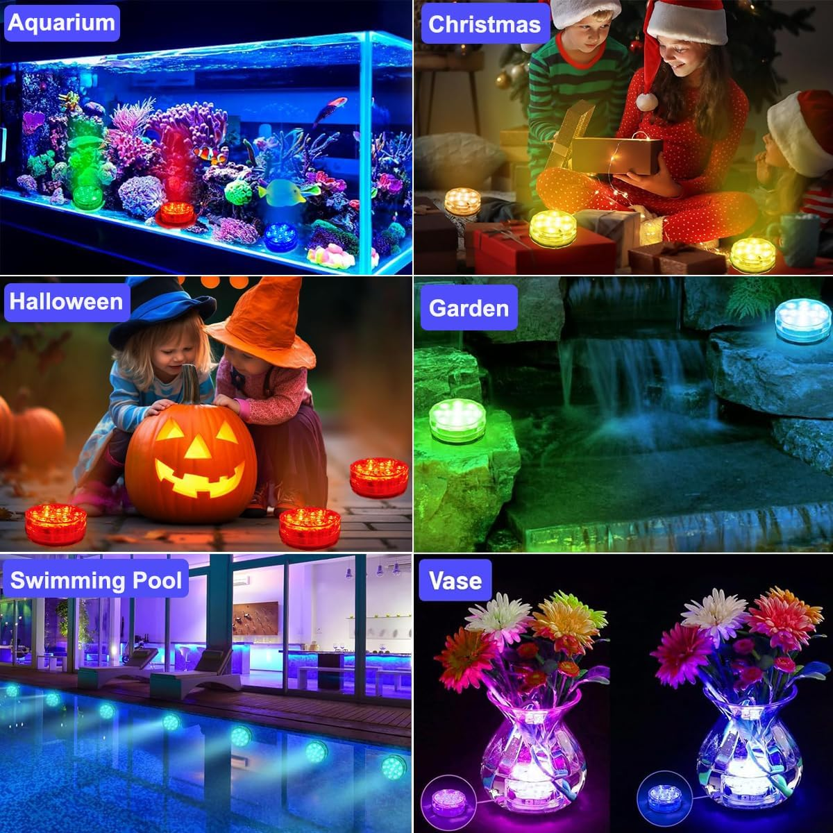 LED-Unterwasserleuchten in Aquarien, bei Weihnachtsmännern, Kürbissen, Gärten, Pools und Vasen.