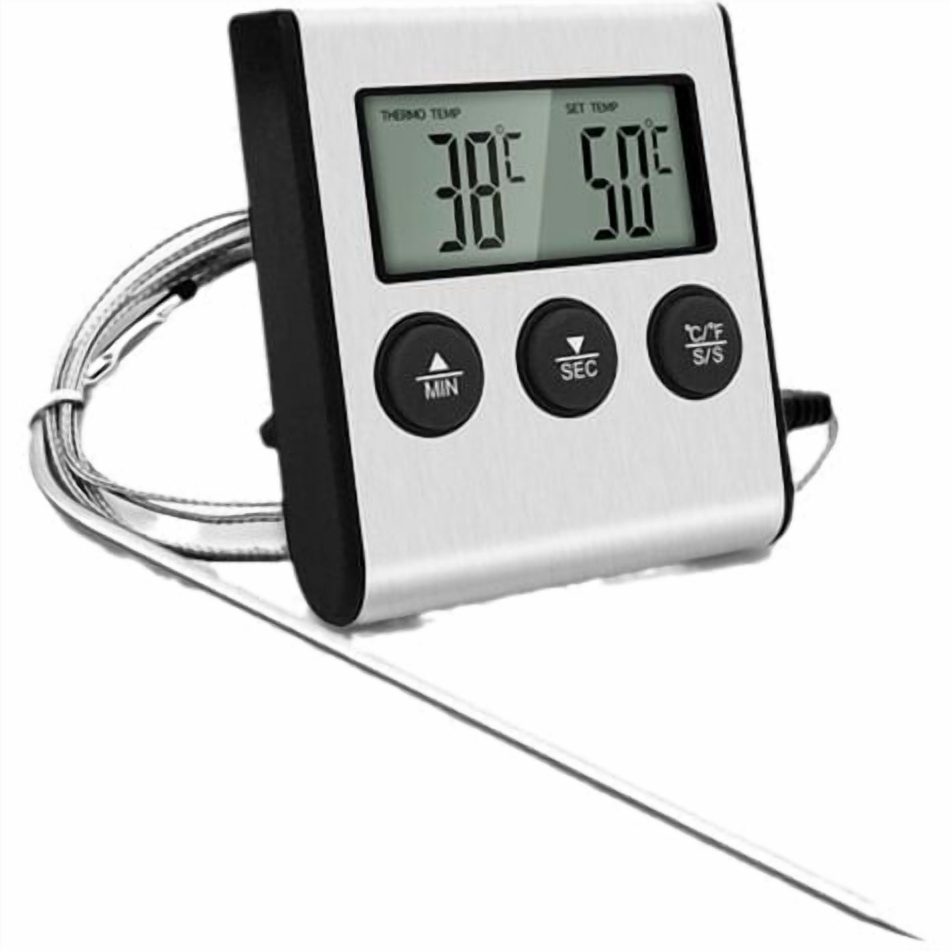 Digitaler Thermometer mit Metallsonde, zeigt 38°C und 50°C an.