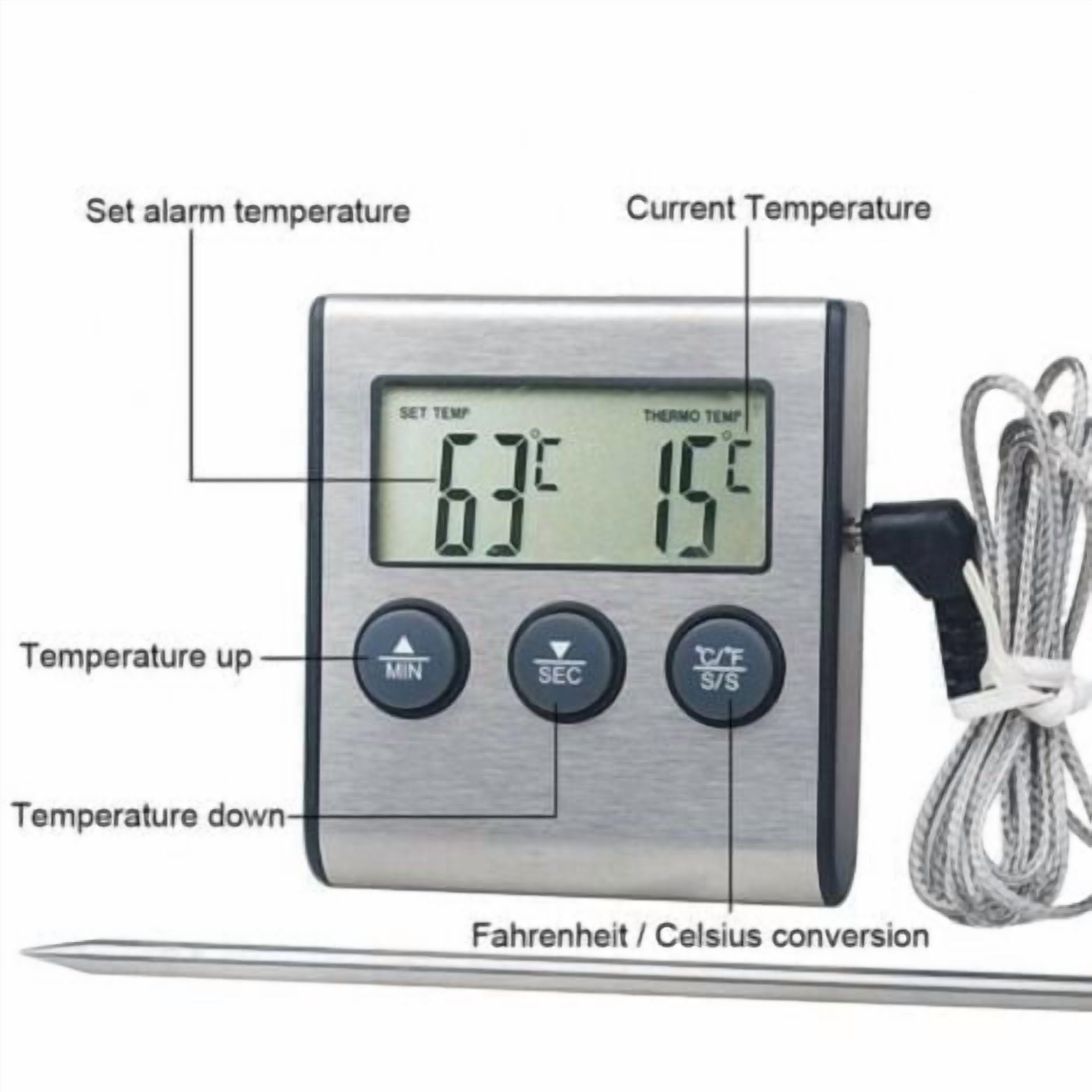 Digitales Thermometer mit Metallsonde, zeigt 63C und 15C an.