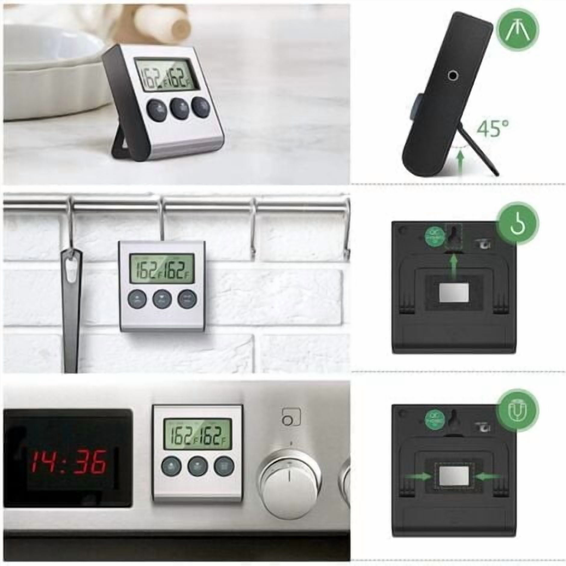 Digitaler Küchentimer auf der Theke, hängend und im Ofen. Zeigt 162F und 14:36.