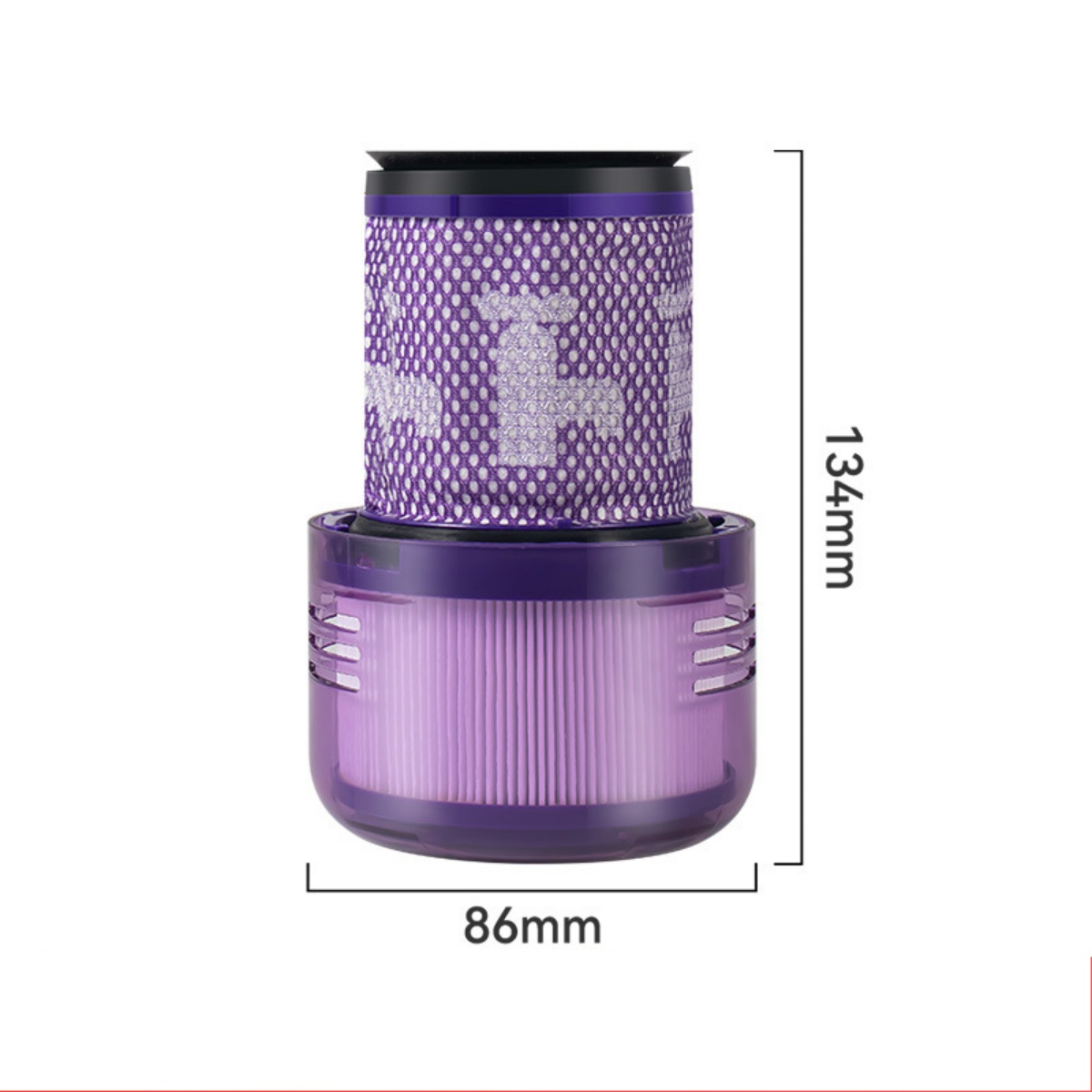 Lila Staubsaugerfilter, 134mm hoch, 86mm breit.