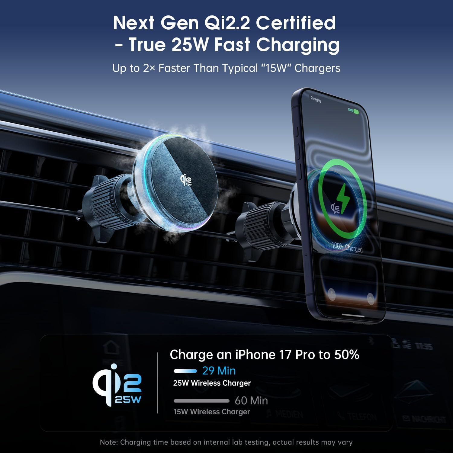 Qi2 25W Autoladegerät mit iPhone. Lädt iPhone 17 Pro in 29 Min. zu 50%.