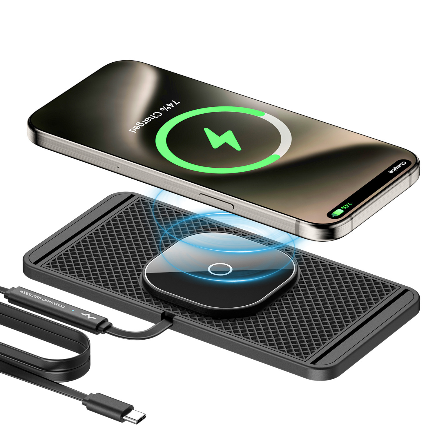 Smartphone lädt kabellos auf einer schwarzen Ladestation mit USB-C-Kabel.
