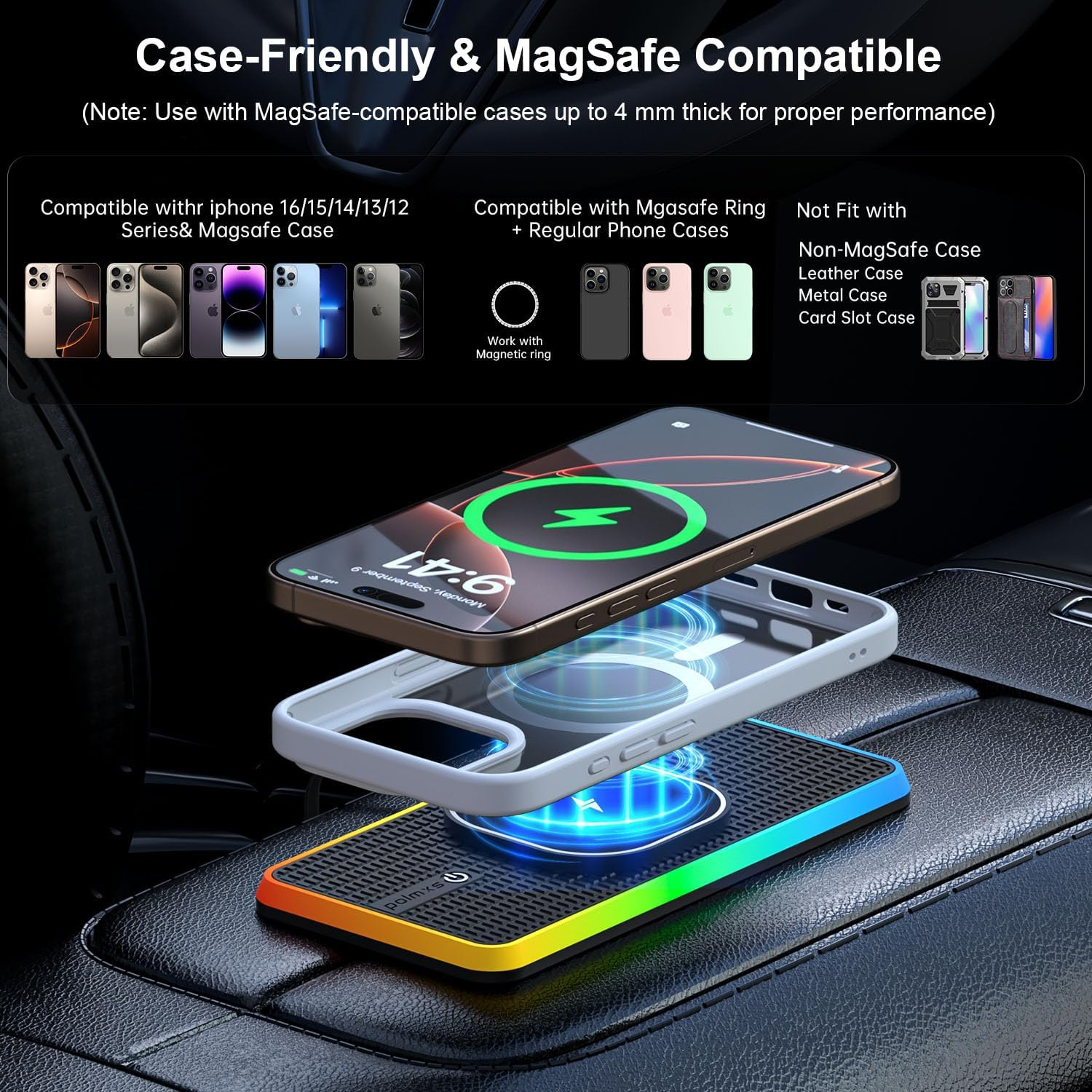 iPhone mit MagSafe-Ladegerät, Hülle und kompatiblen Hüllen.