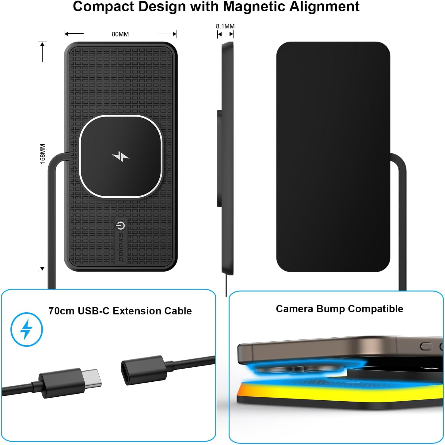 Schwarzes Ladegerät mit Maßen, USB-C-Kabel und Handy-Kompatibilität.