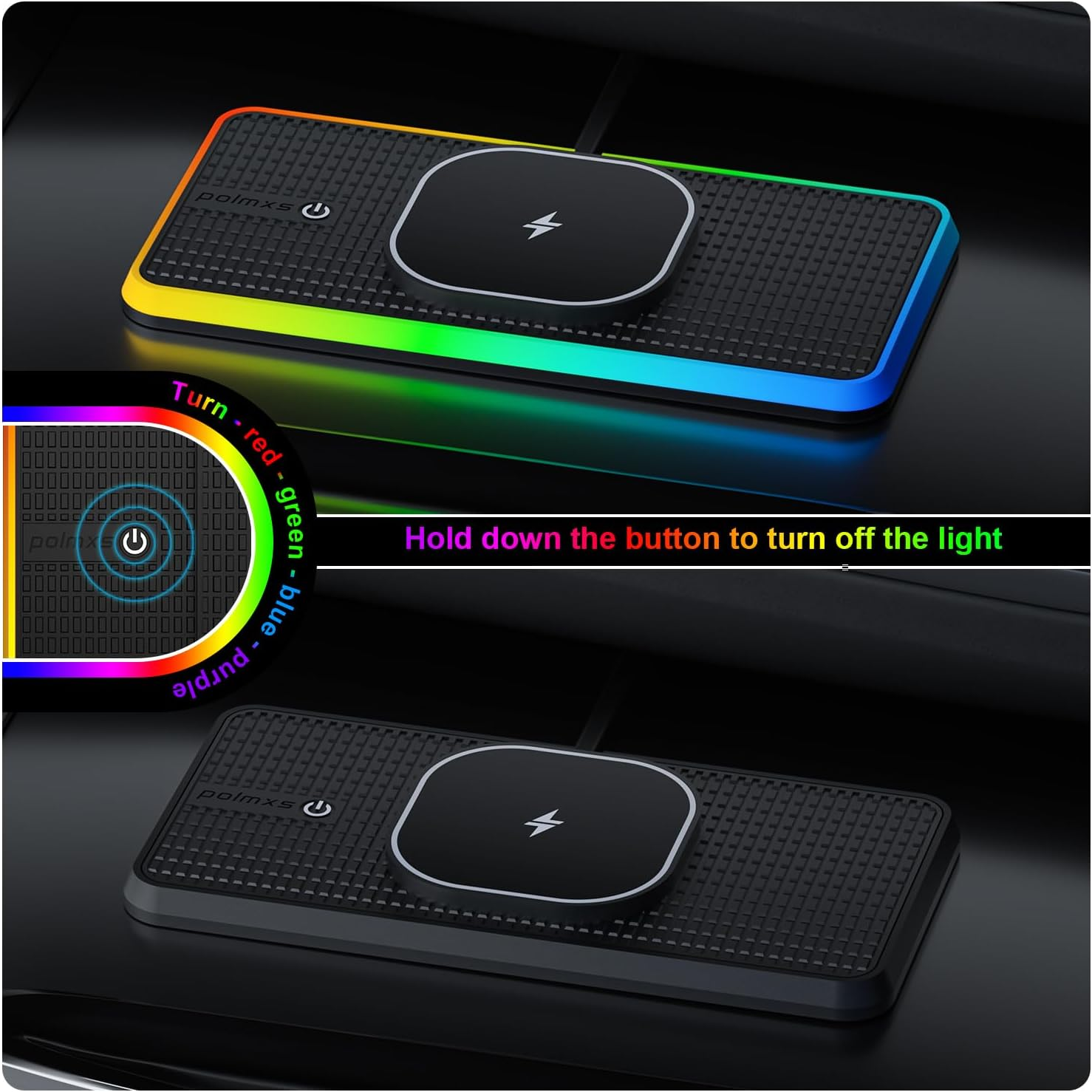 Kabelloses Ladegerät mit RGB-Beleuchtung und Ladeanzeige. Hält Taste zum Ausschalten.