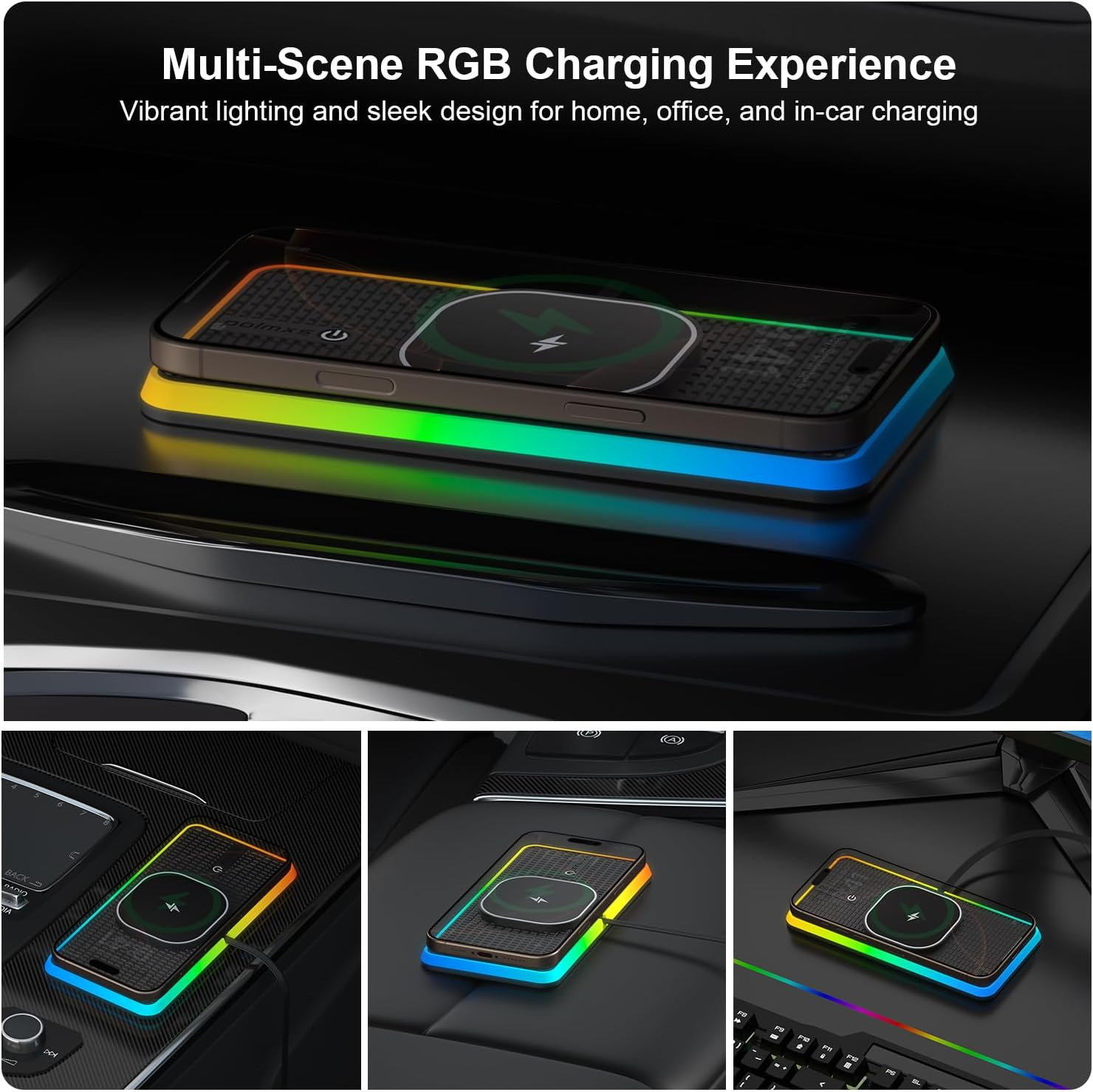 Handy lädt auf einem schlanken RGB-Pad. Zeigt Heim-, Büro- und Auto-Einstellungen.