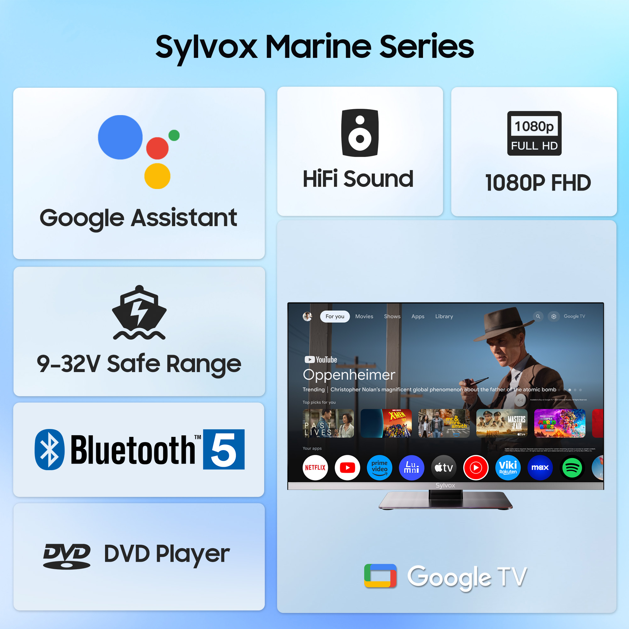Sylvox Marine Serie mit Google Assistant, HiFi-Sound, 1080P FHD, 9-32V, Bluetooth 5, DVD-Player.