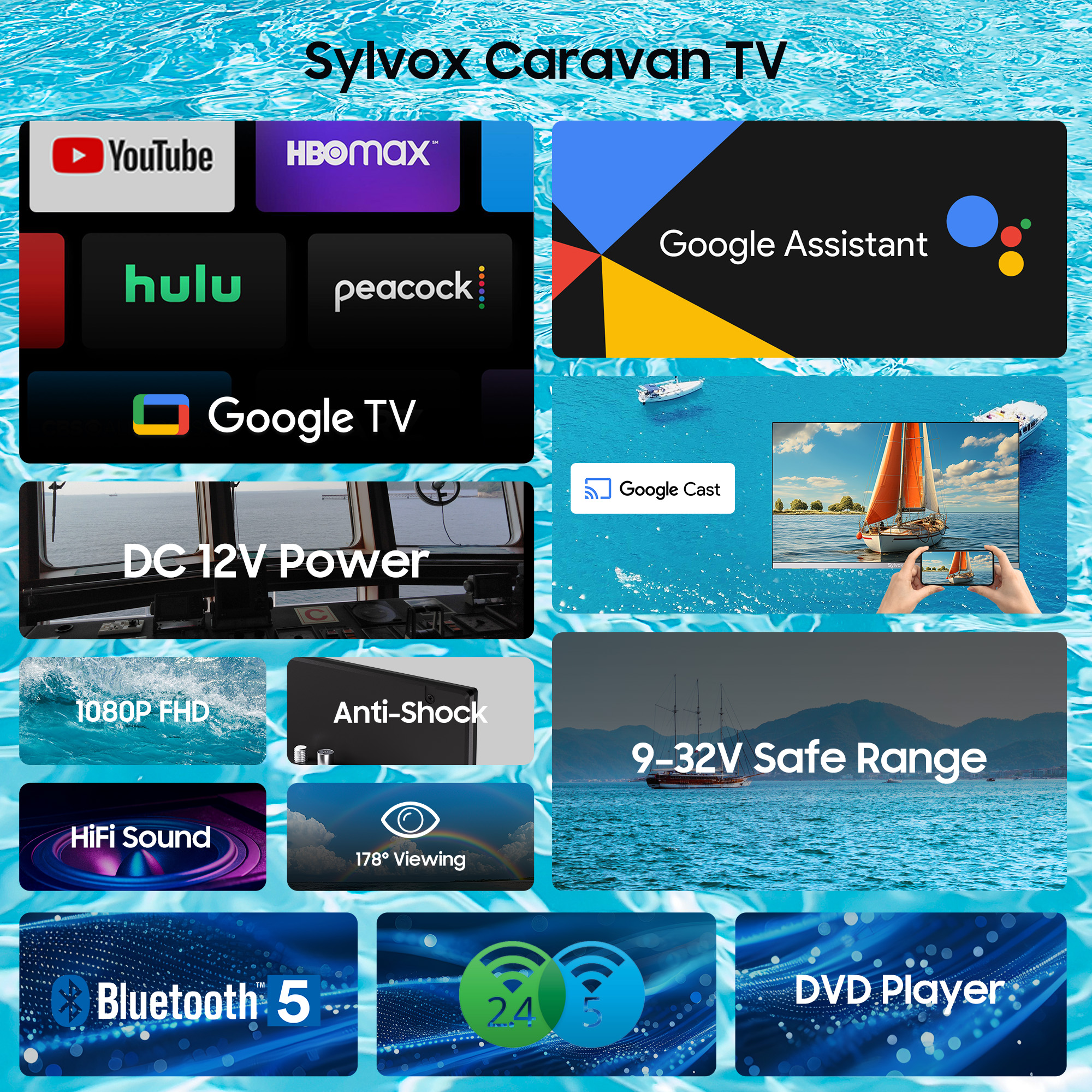 Sylvox Caravan TV mit App-Logos, Google Assistant, DC-Stromversorgung, 1080P, Anti-Schock.