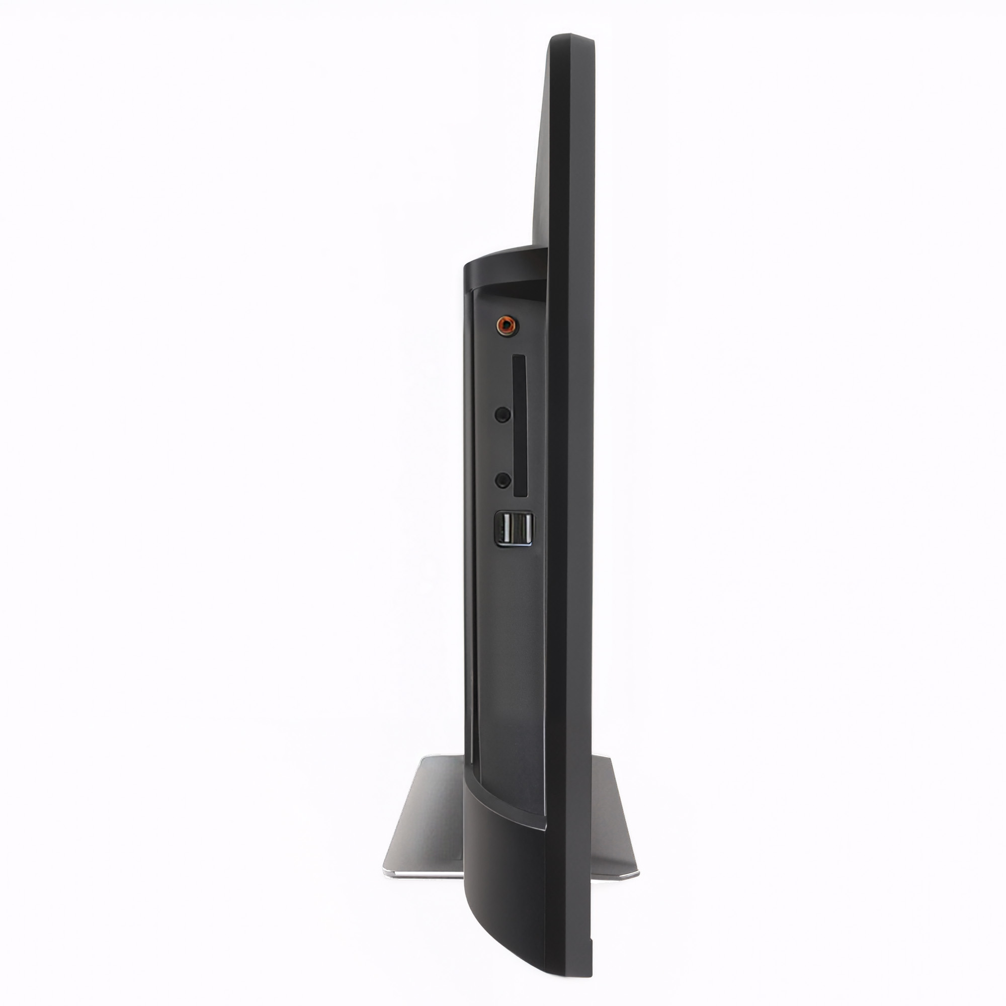 Seitliche Ansicht eines schwarzen Monitors mit silbernem Standfuß und Anschlüssen.