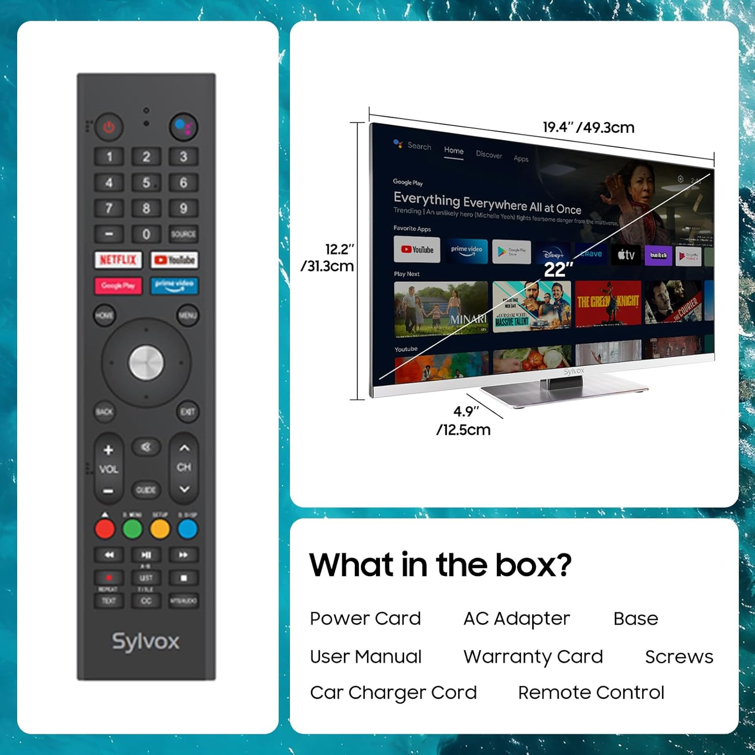 Ein Sylvox Fernbedienung und ein 22-Zoll-Fernseher mit Apps. Inklusive Maße.