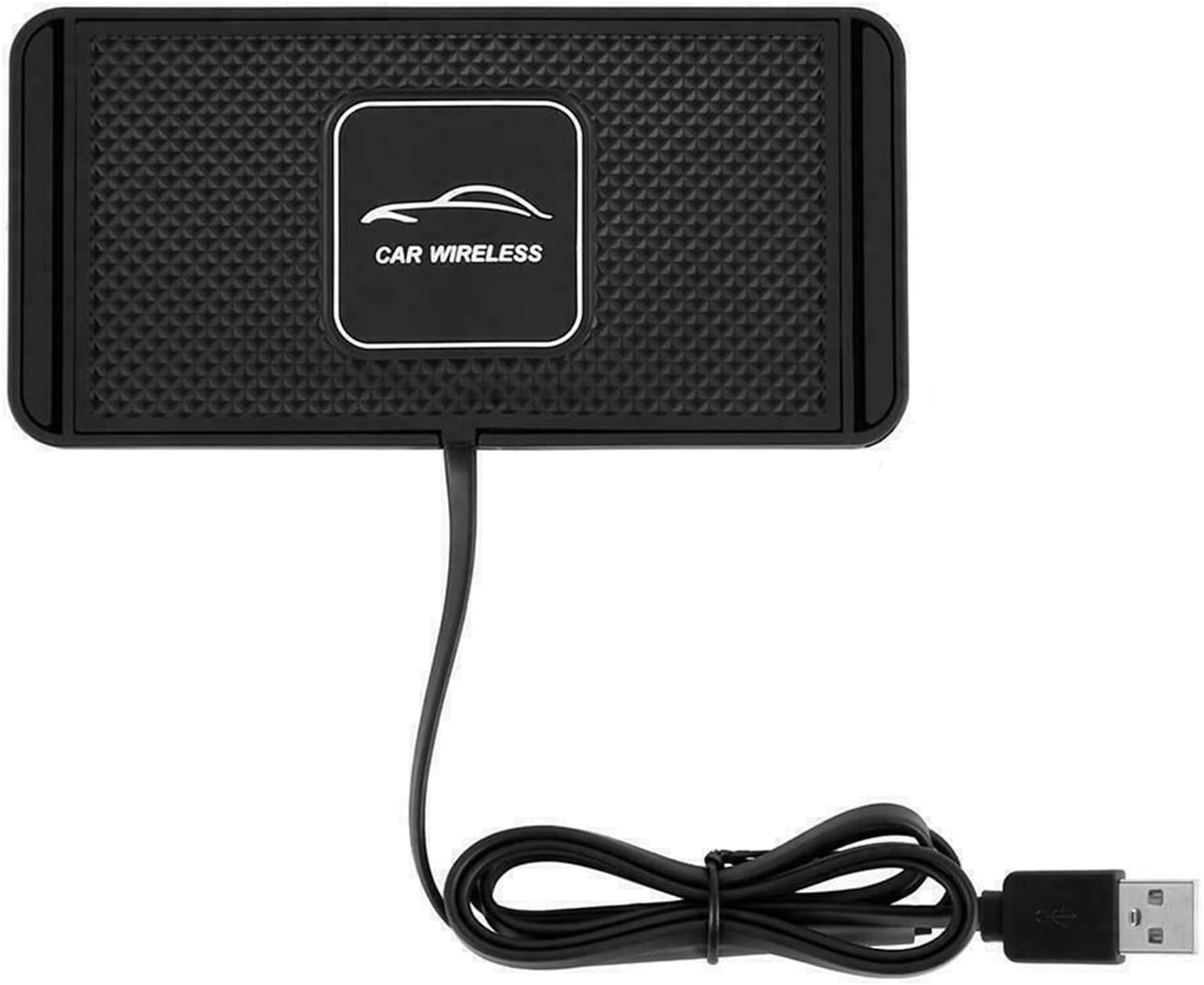 Schwarzes kabelloses Ladepad mit geprägtem Muster und USB-Kabel.