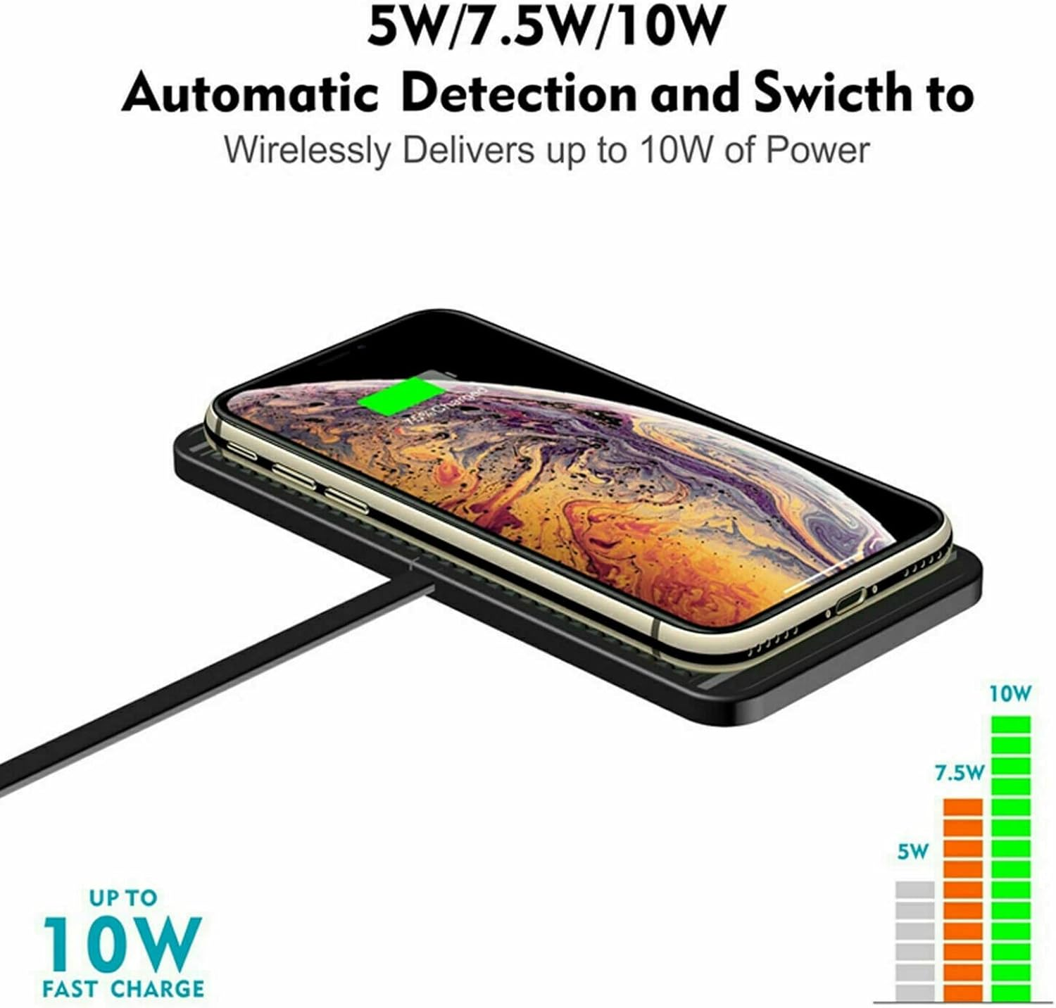 Ein Smartphone wird drahtlos auf einem schwarzen Ladegerät geladen.