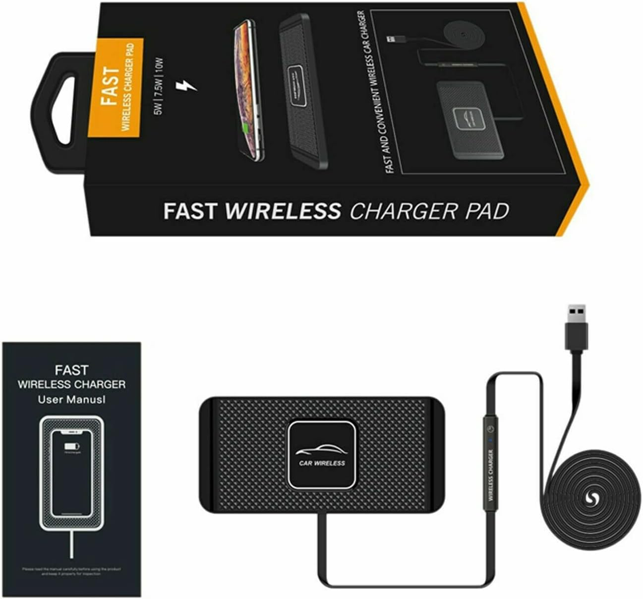 Schnellladegerät für Autos mit Handbuch und Kabel.