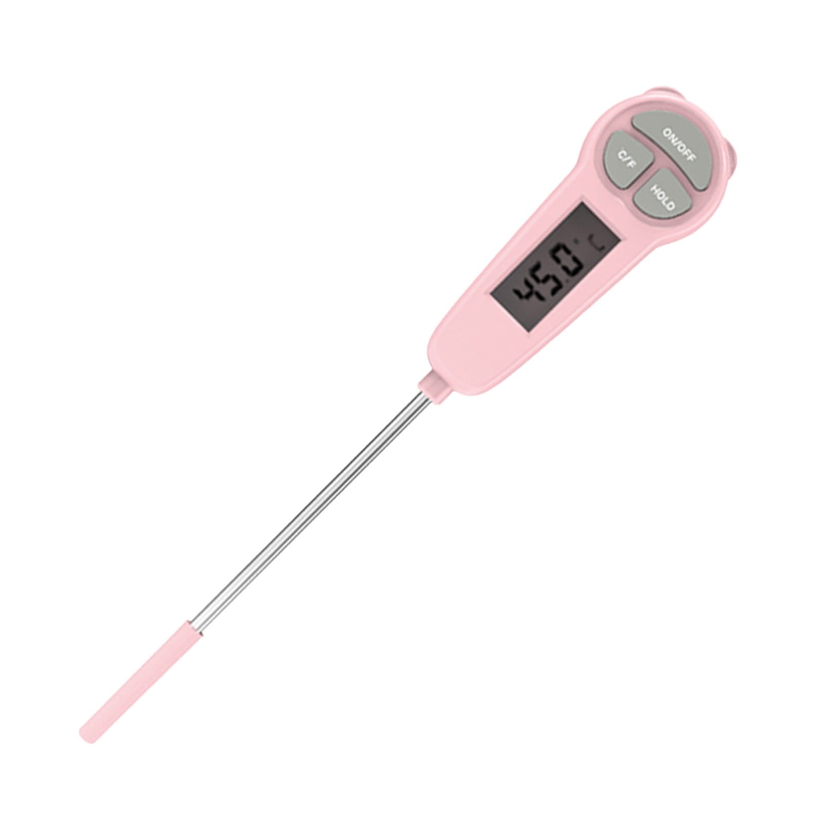 Ein rosafarbener Digitalthermometer mit silberner Sonde und LCD-Anzeige.