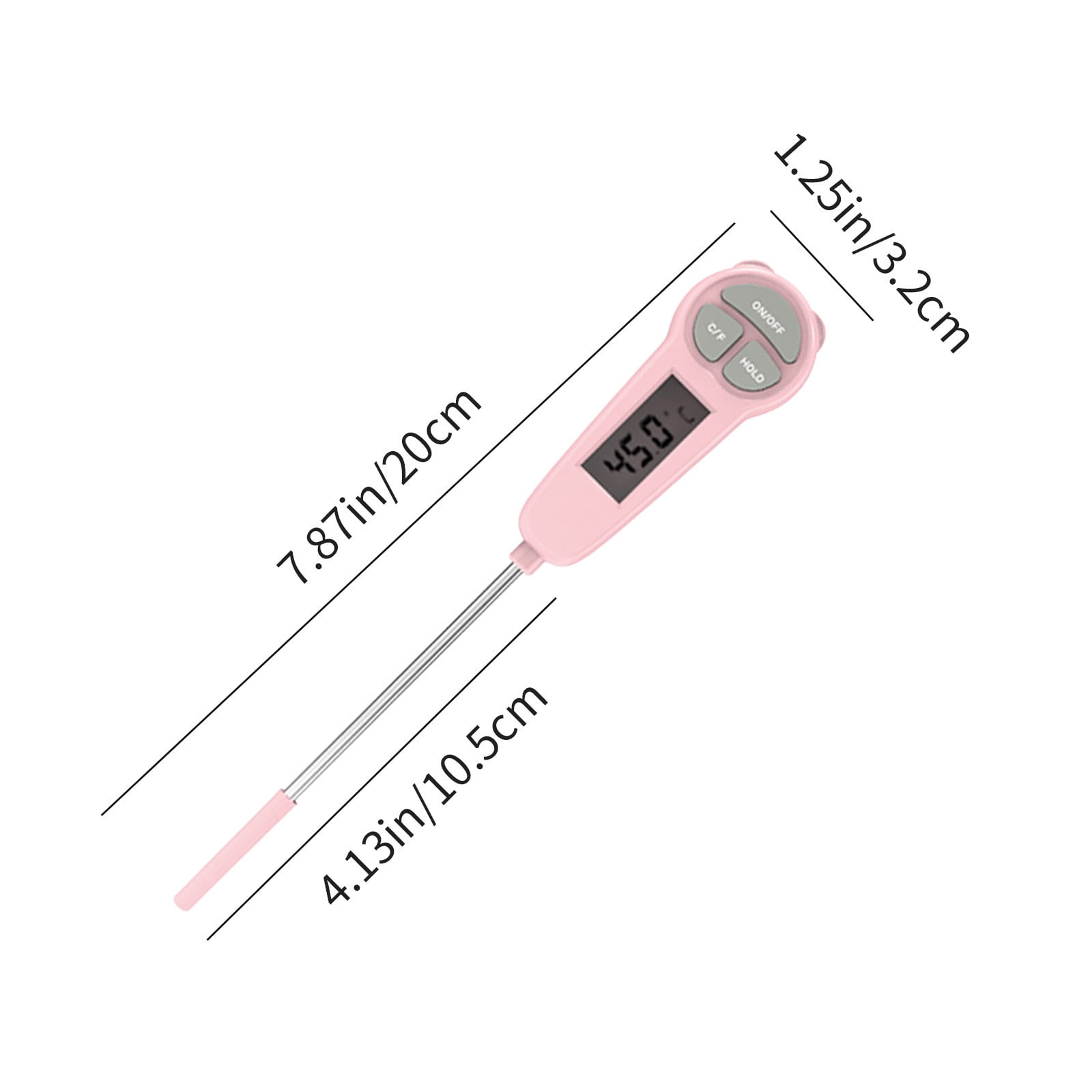 Ein rosa digitales Thermometer mit LCD-Anzeige, das 45.0 anzeigt.