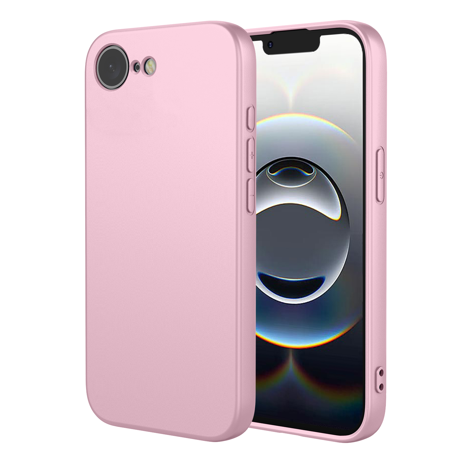 Een roze telefoonhoesje staat links van een smartphone met het scherm aan.